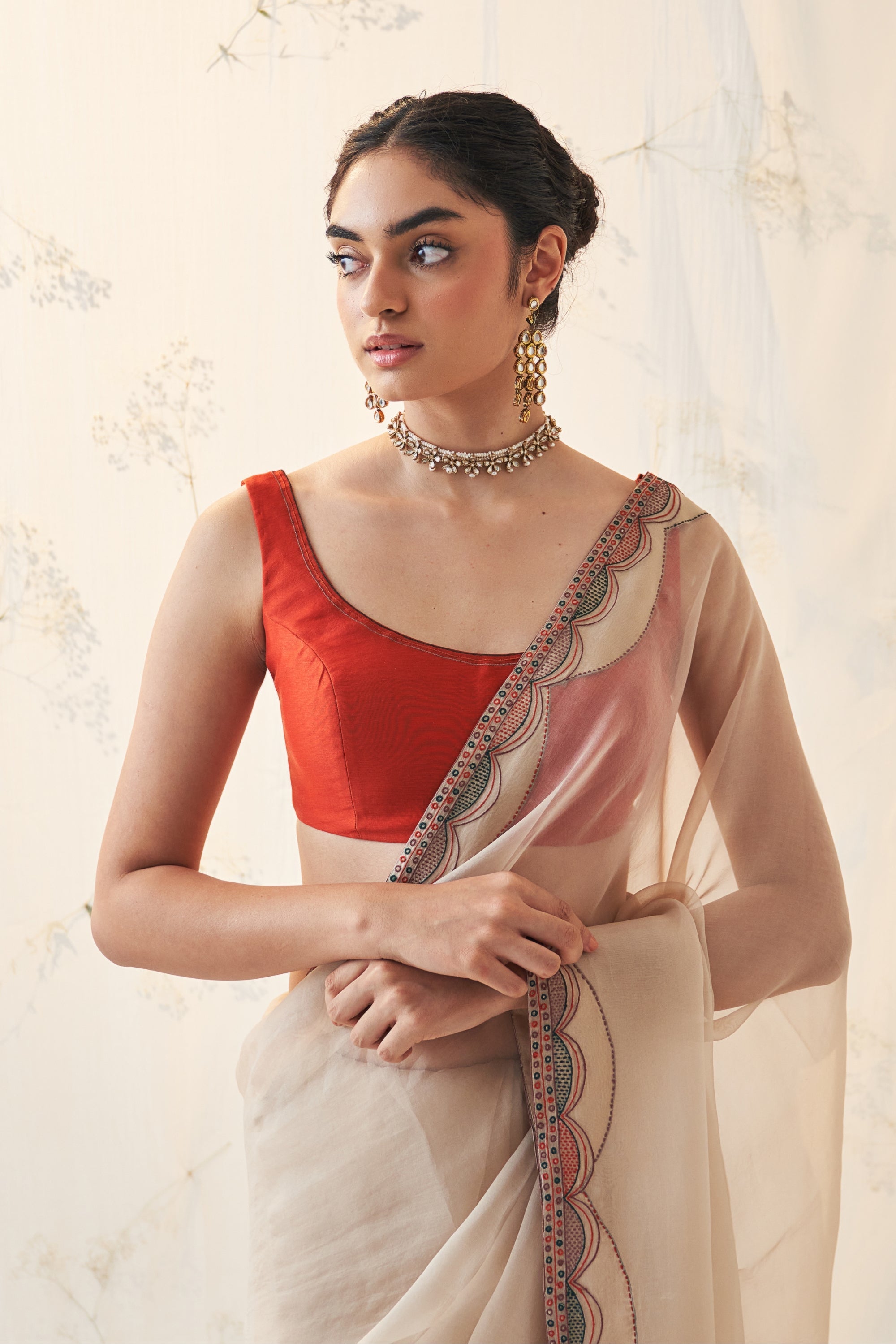 Champagne Gold Organza Saree Comes With Orange Chanderi Stitched Blouse & Organic Cotton Stitched Petticoat