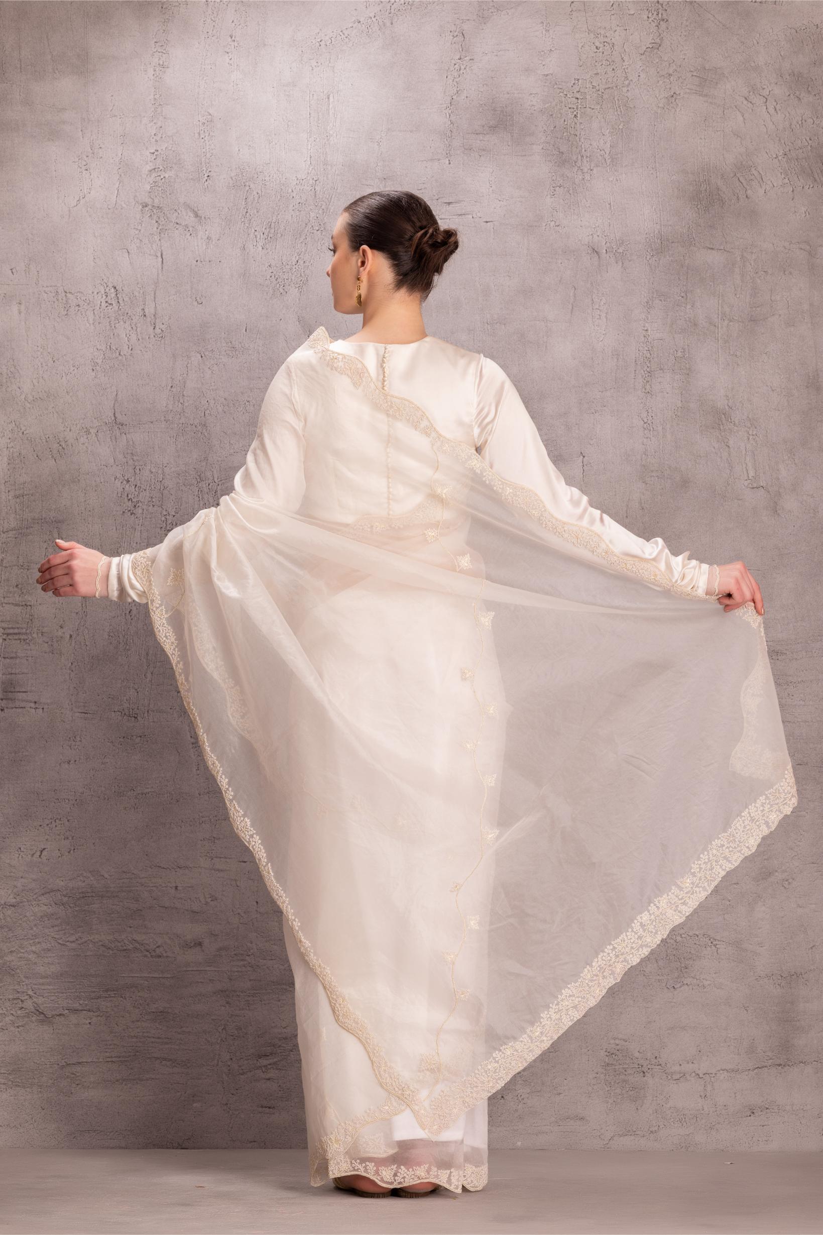 Pristine White Saree Comes With Satin Silk Stitched Blouse & Organic Cotton Stitched Petticoat (3Pcs)