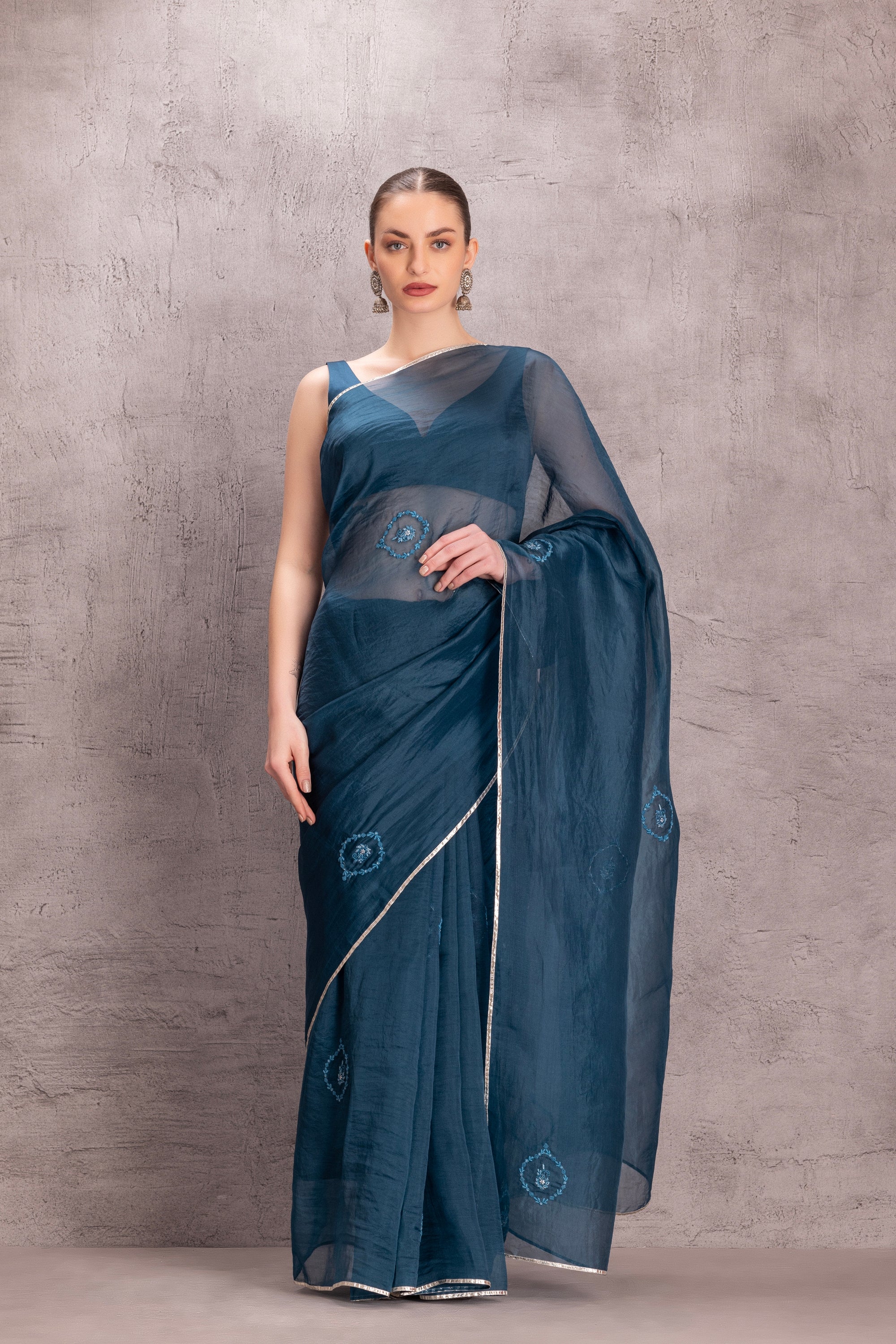Blue organza saree comes with stitched blouse & organic cotton stitched petticoat
