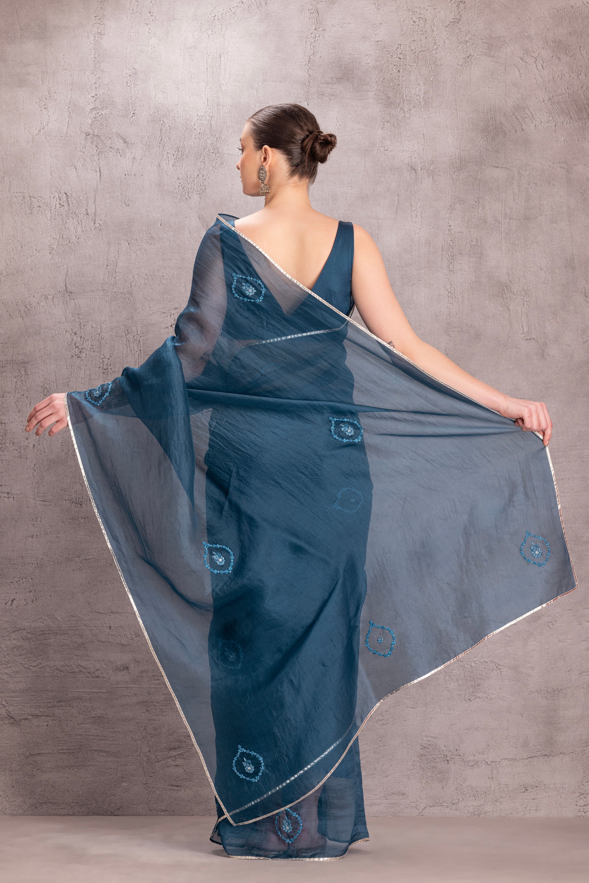 Blue organza saree comes with stitched blouse & organic cotton stitched petticoat