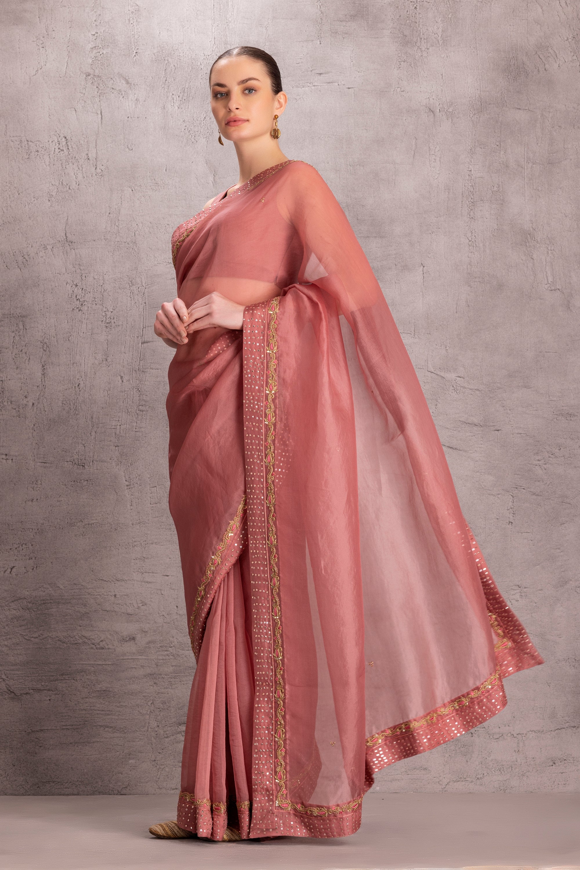 Dusty Pink Organza Saree Comes With Organic Cotton Stitched Petticoat (2 Pcs)