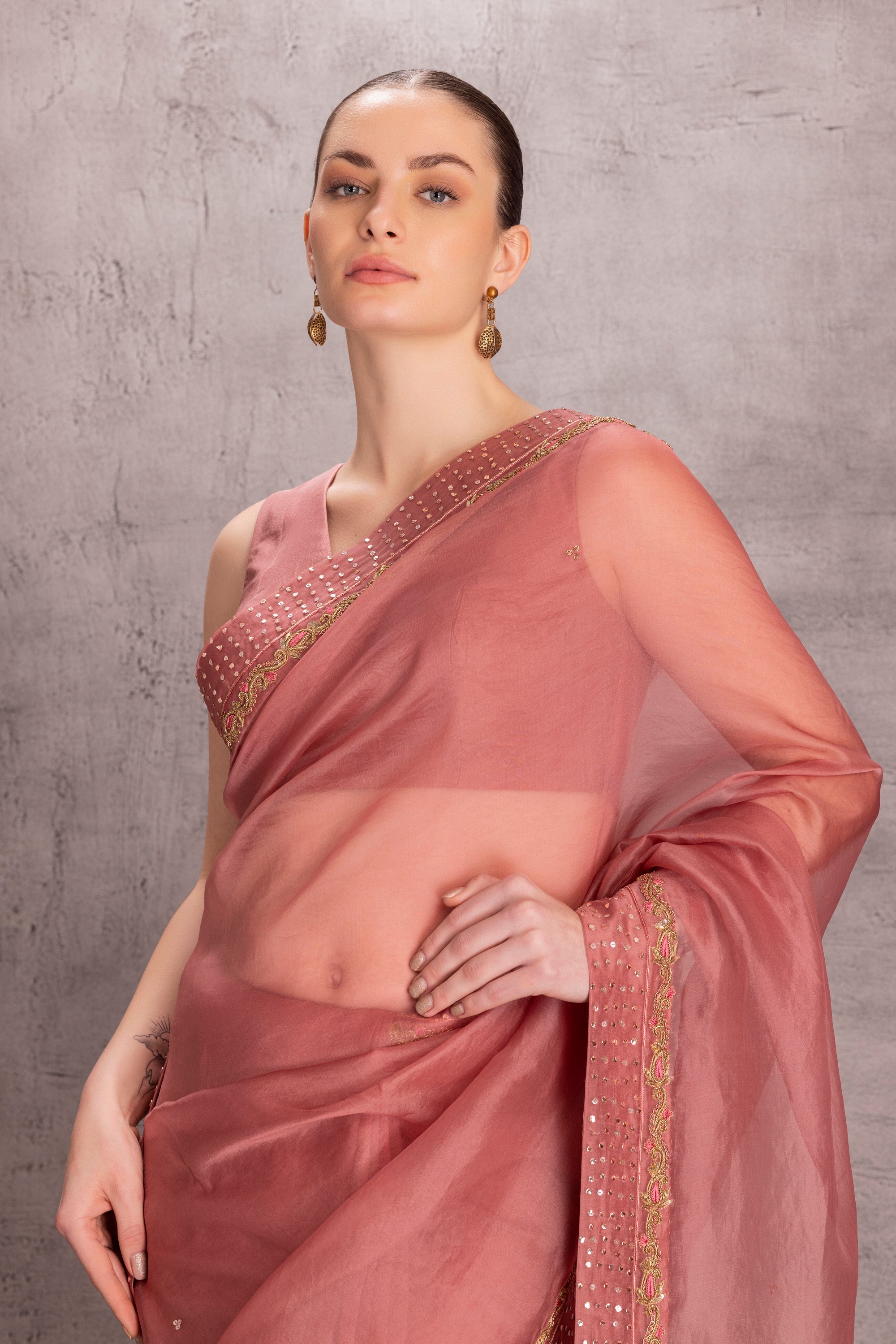 Dusty Pink Organza Saree Comes With Organic Cotton Stitched Petticoat (2 Pcs)