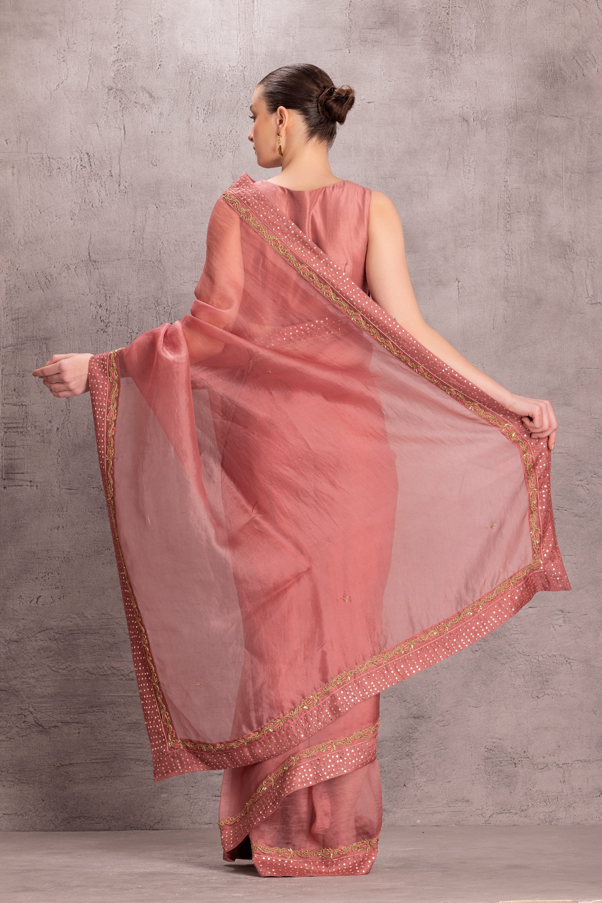Dusty Pink Organza Saree Comes With Organic Cotton Stitched Petticoat (2 Pcs)