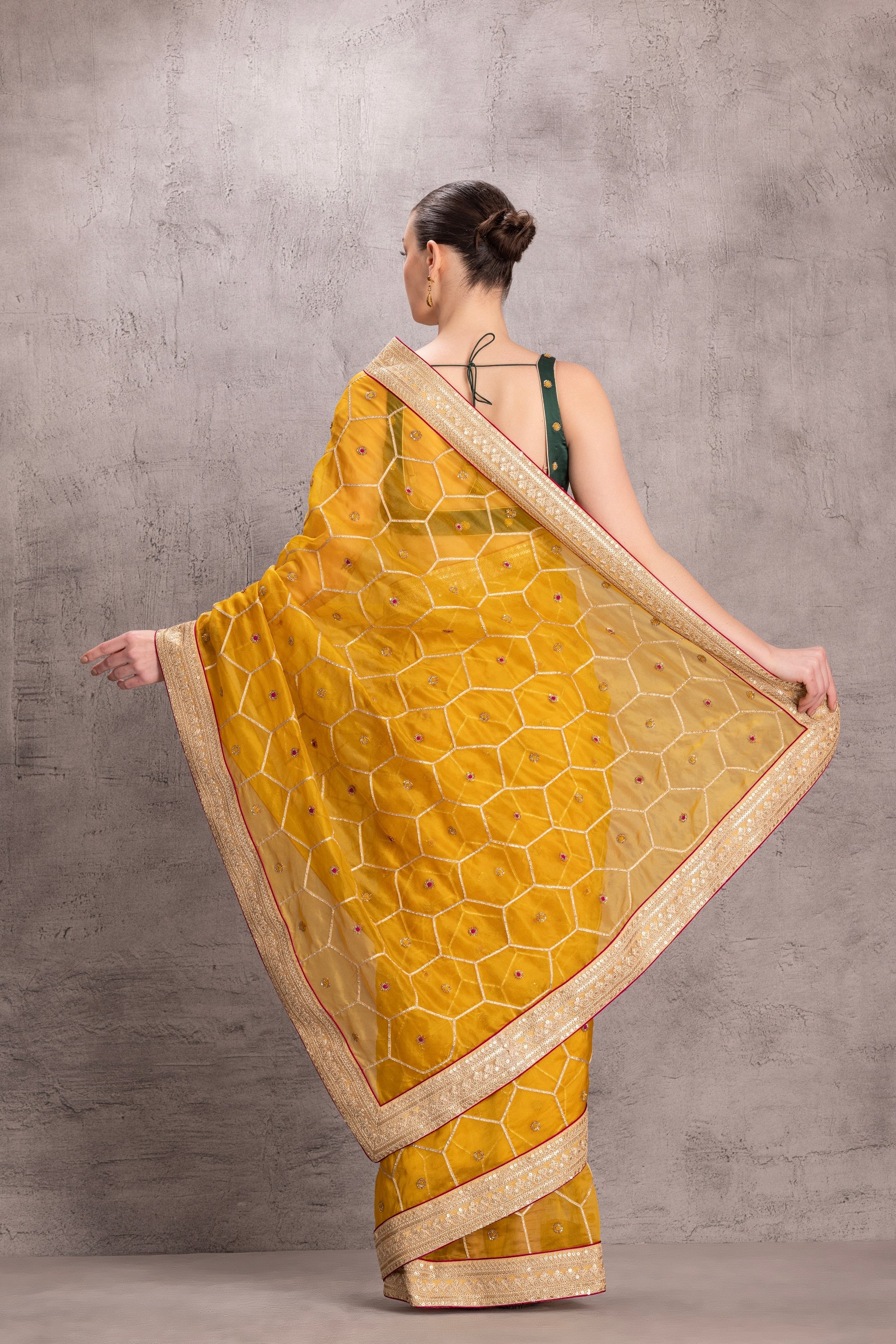 Yellow Organza Silk Saree Comes With Green Satin Silk Stitched Embroidered Blouse & Organic Cotton Stitched Petticoat (3 Pcs)