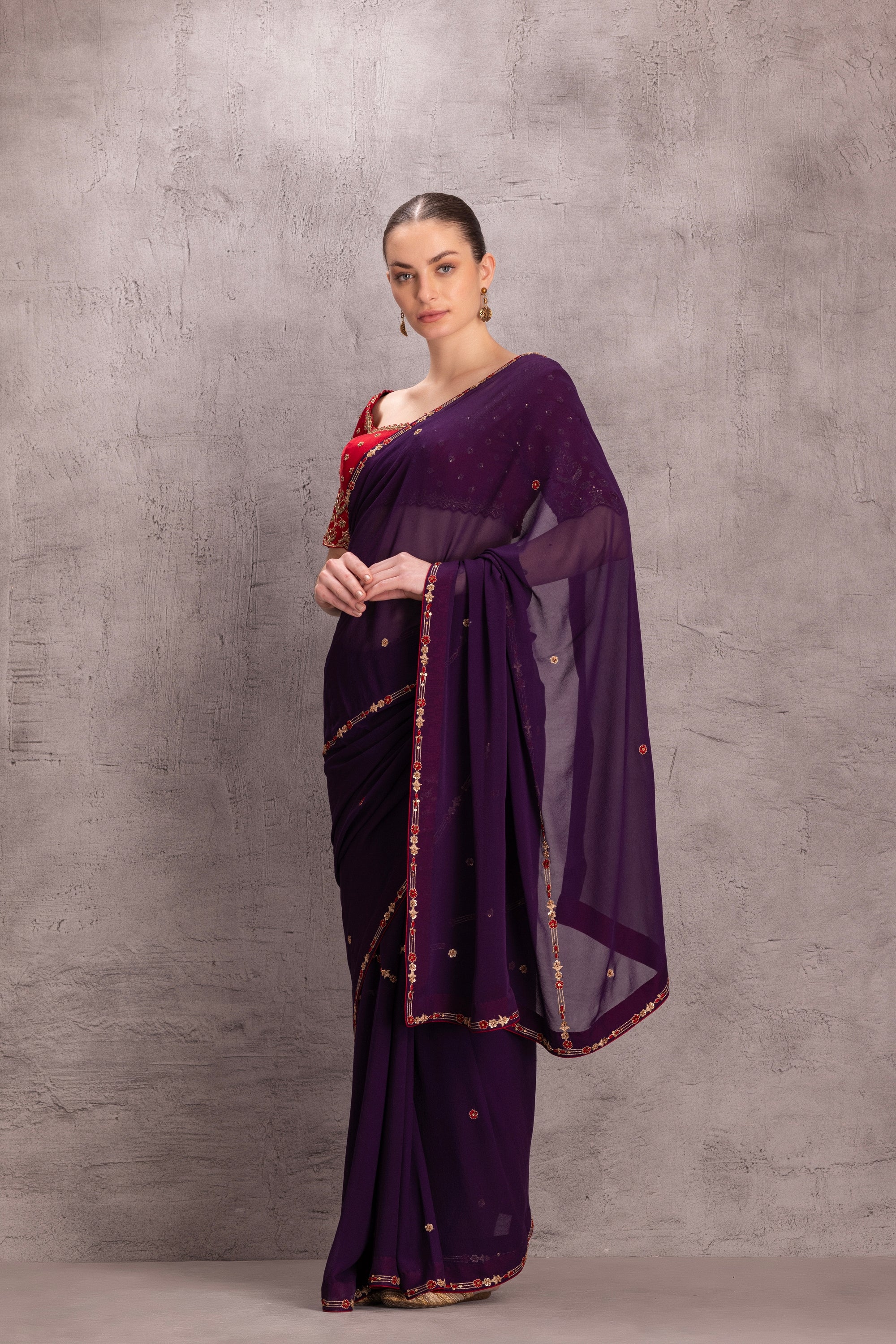 Purple Georgette Saree Comes With Red Embroidered Satin Silk Stitched Blouse & Organic Cotton Stitched Petticoat (3 Pcs)