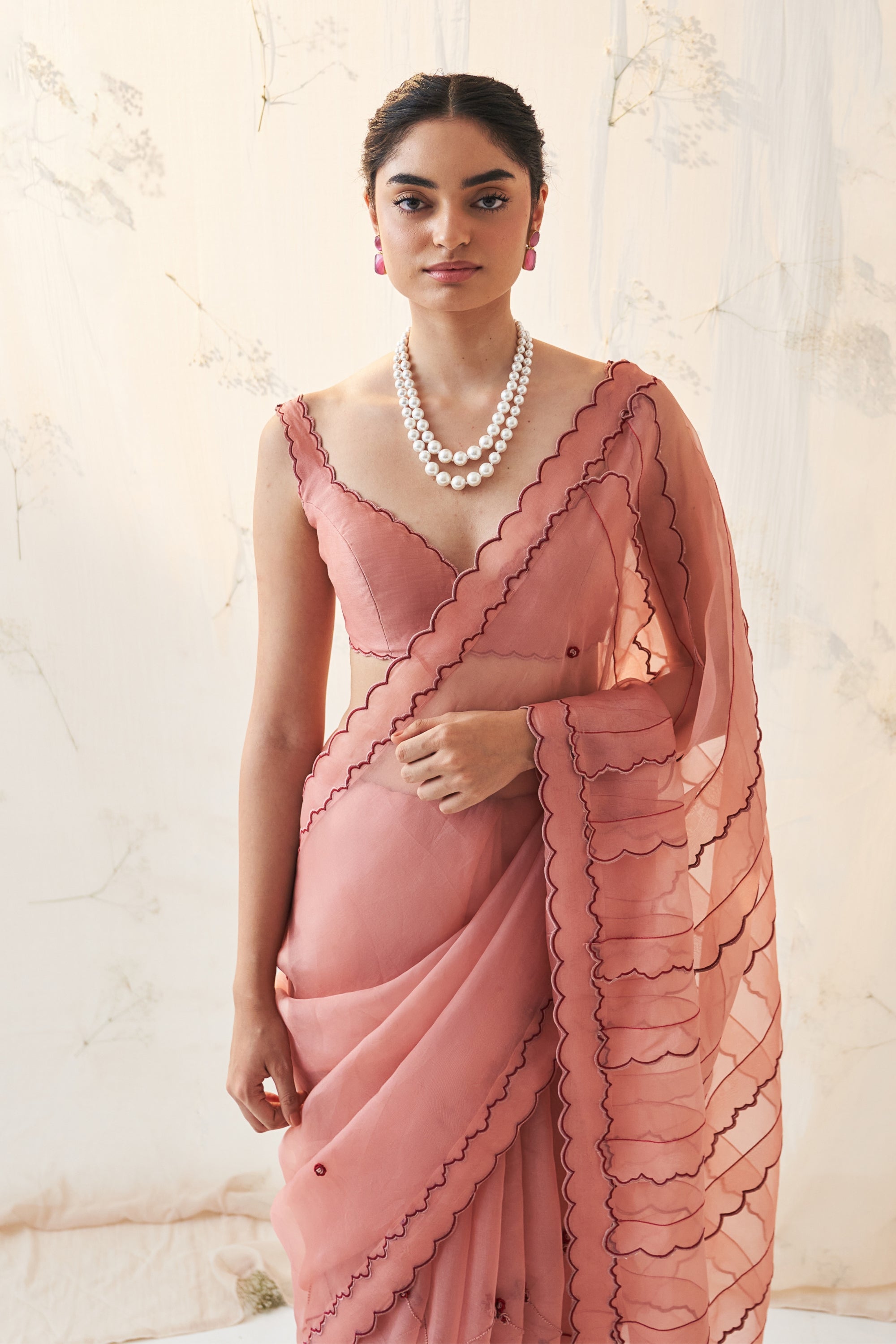 Peach Organza Saree Comes With Chanderi Stitched Blouse & Organic Cotton Stitched Petticoat