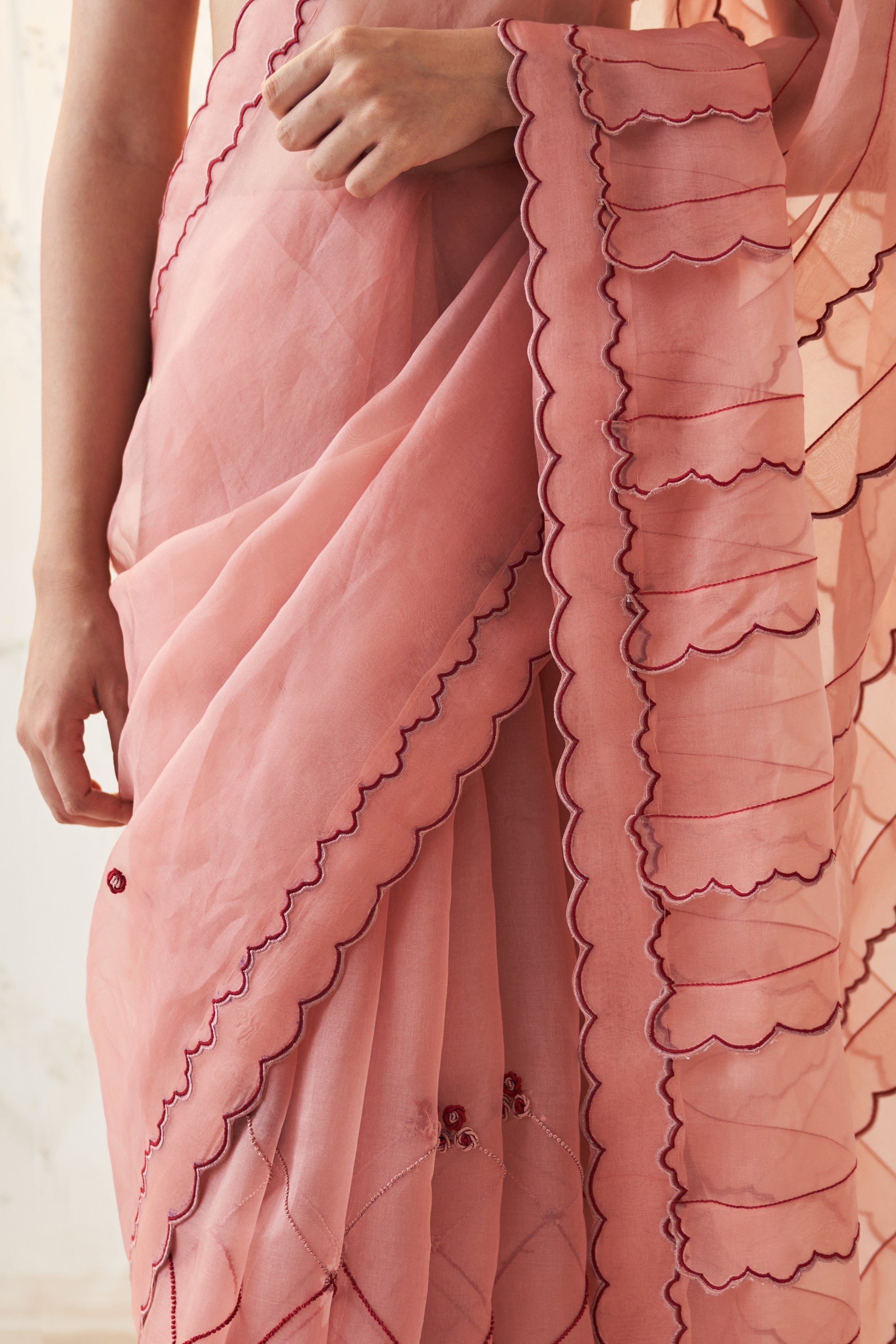 Peach Organza Saree Comes With Chanderi Stitched Blouse & Organic Cotton Stitched Petticoat