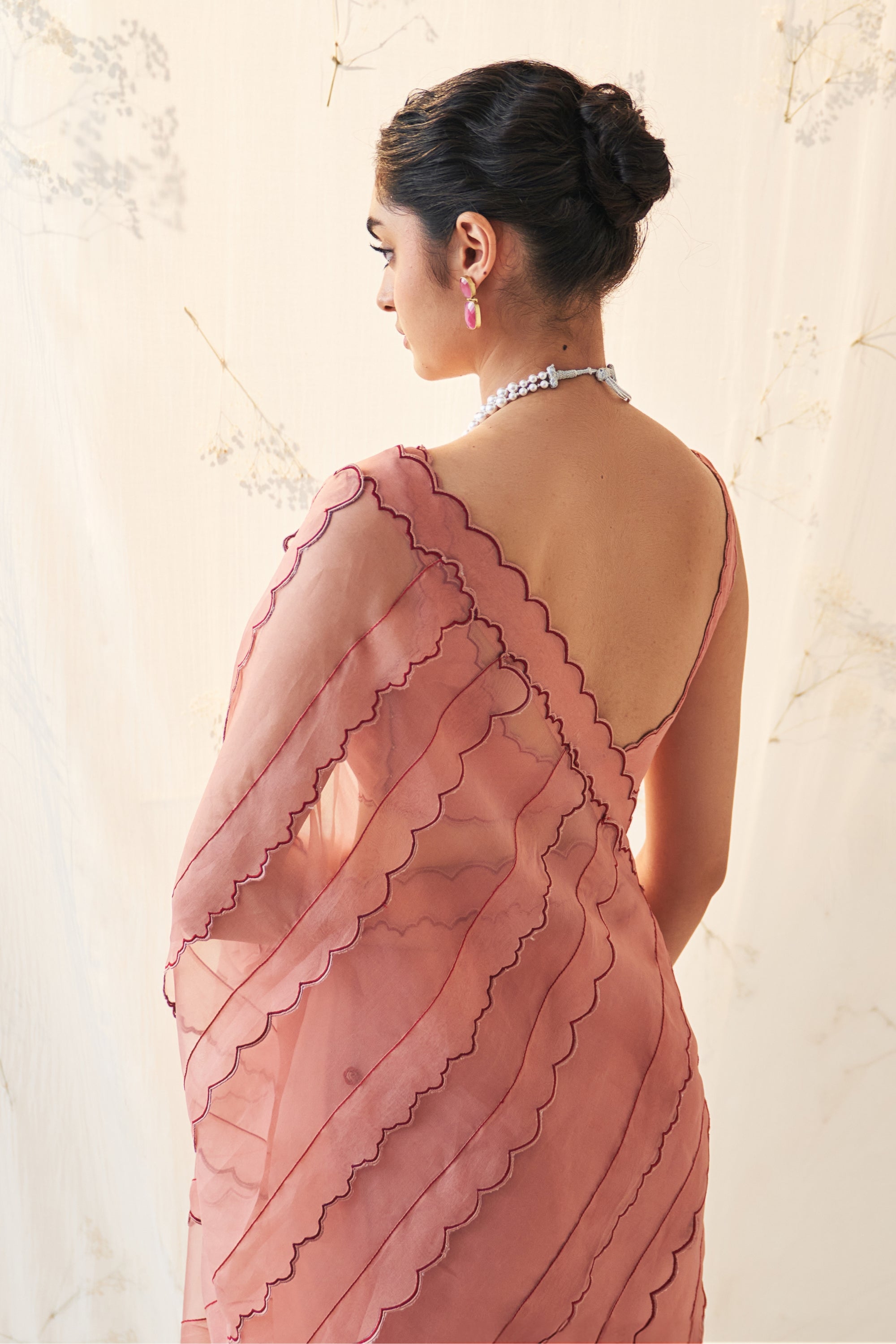 Peach Organza Saree Comes With Chanderi Stitched Blouse & Organic Cotton Stitched Petticoat