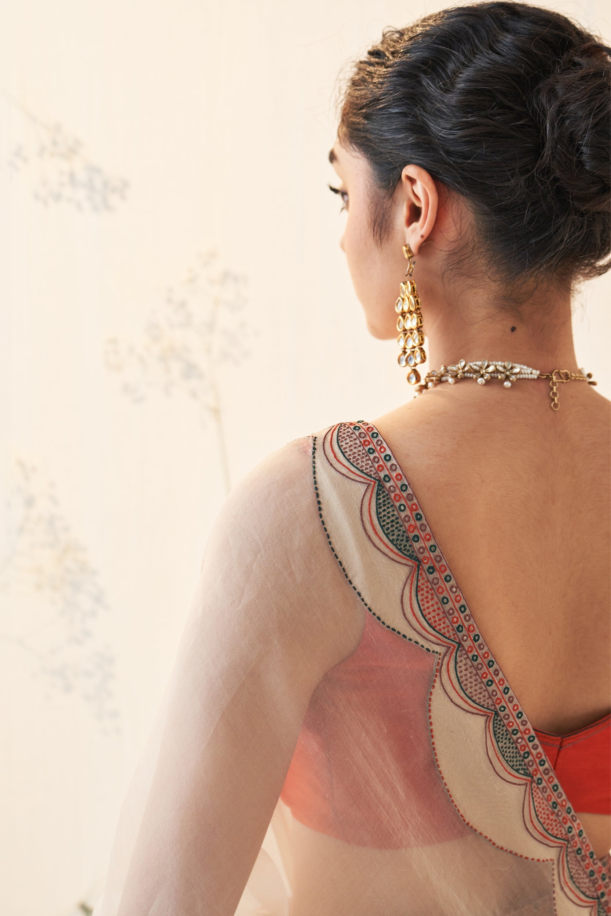 Champagne Gold Organza Saree Comes With Orange Chanderi Stitched Blouse & Organic Cotton Stitched Petticoat