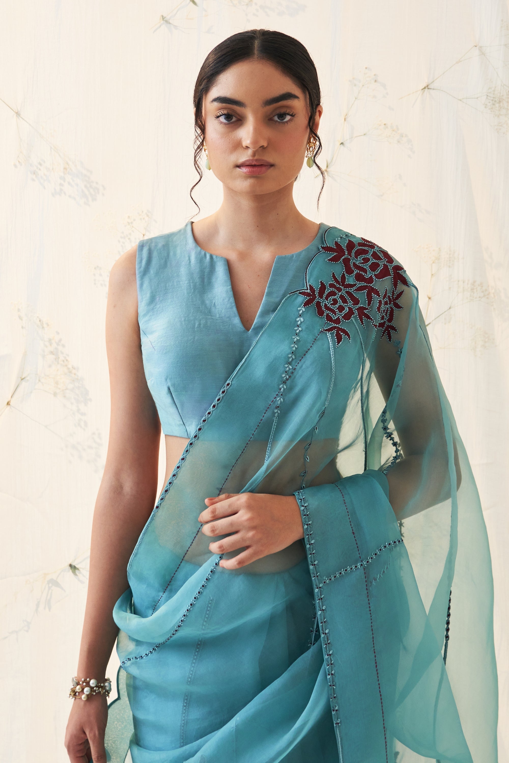 Teal Organza Saree Comes With Chanderi Stitched Blouse & Organic Cotton Stitched Petticoat