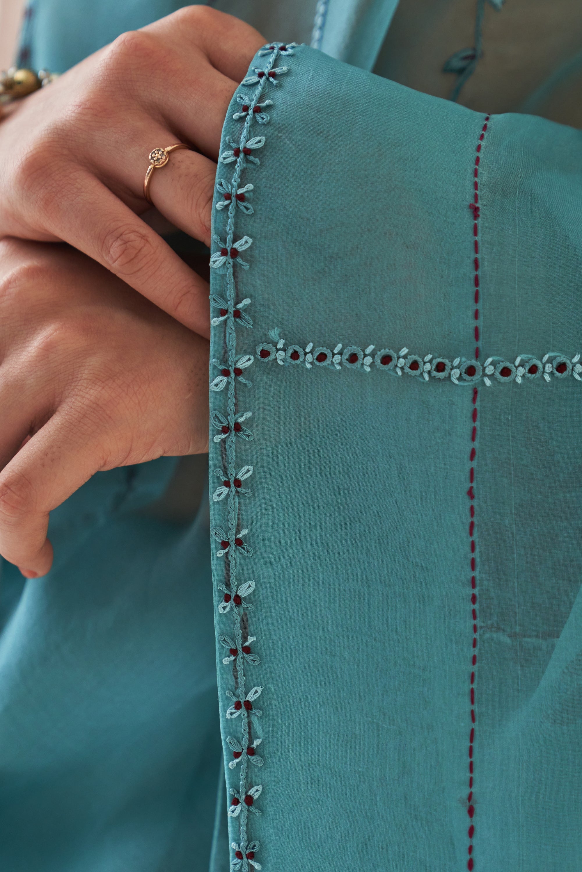 Teal Organza Saree Comes With Chanderi Stitched Blouse & Organic Cotton Stitched Petticoat