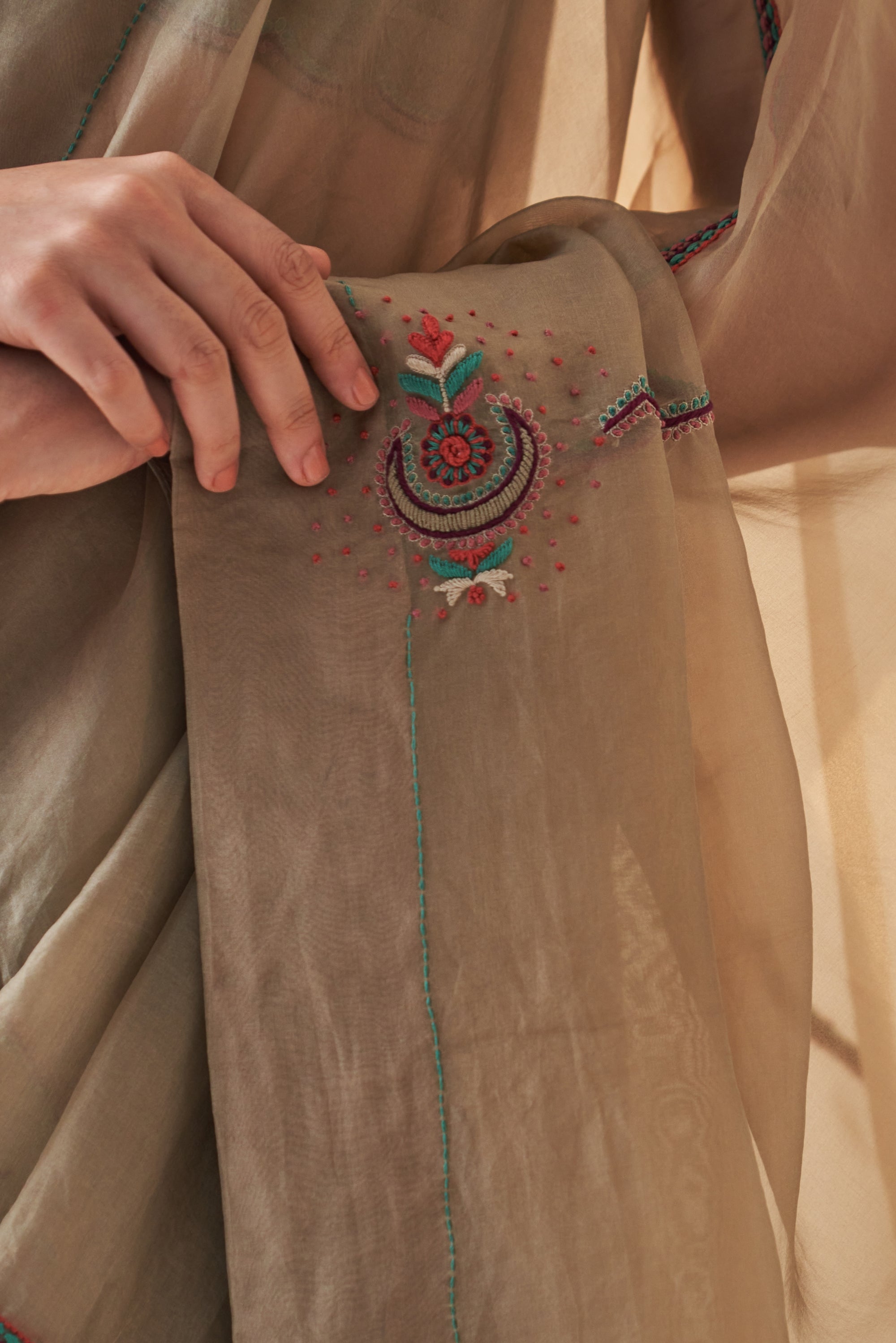 Champagne Organza Saree Comes With Chanderi Stitched Blouse & Organic Cotton Stitched Pettioat