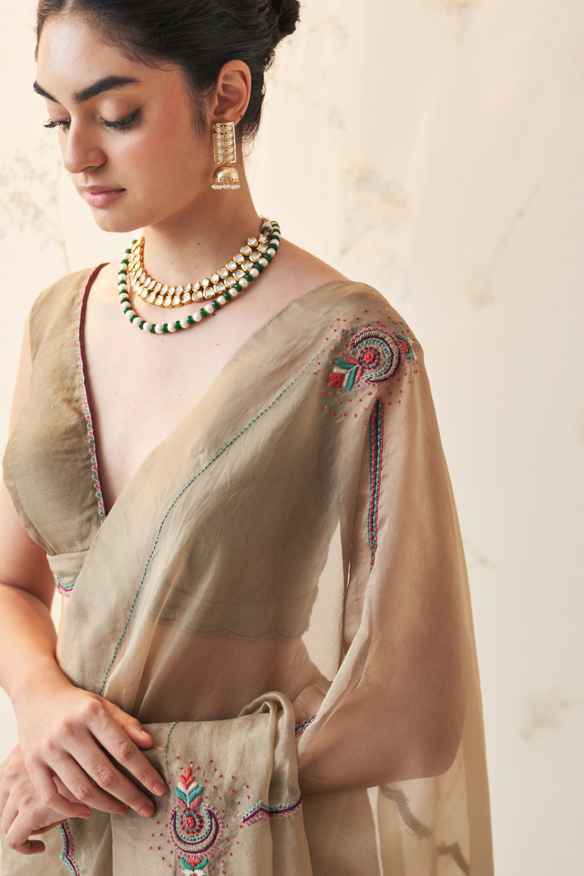 Champagne Organza Saree Comes With Chanderi Stitched Blouse & Organic Cotton Stitched Pettioat