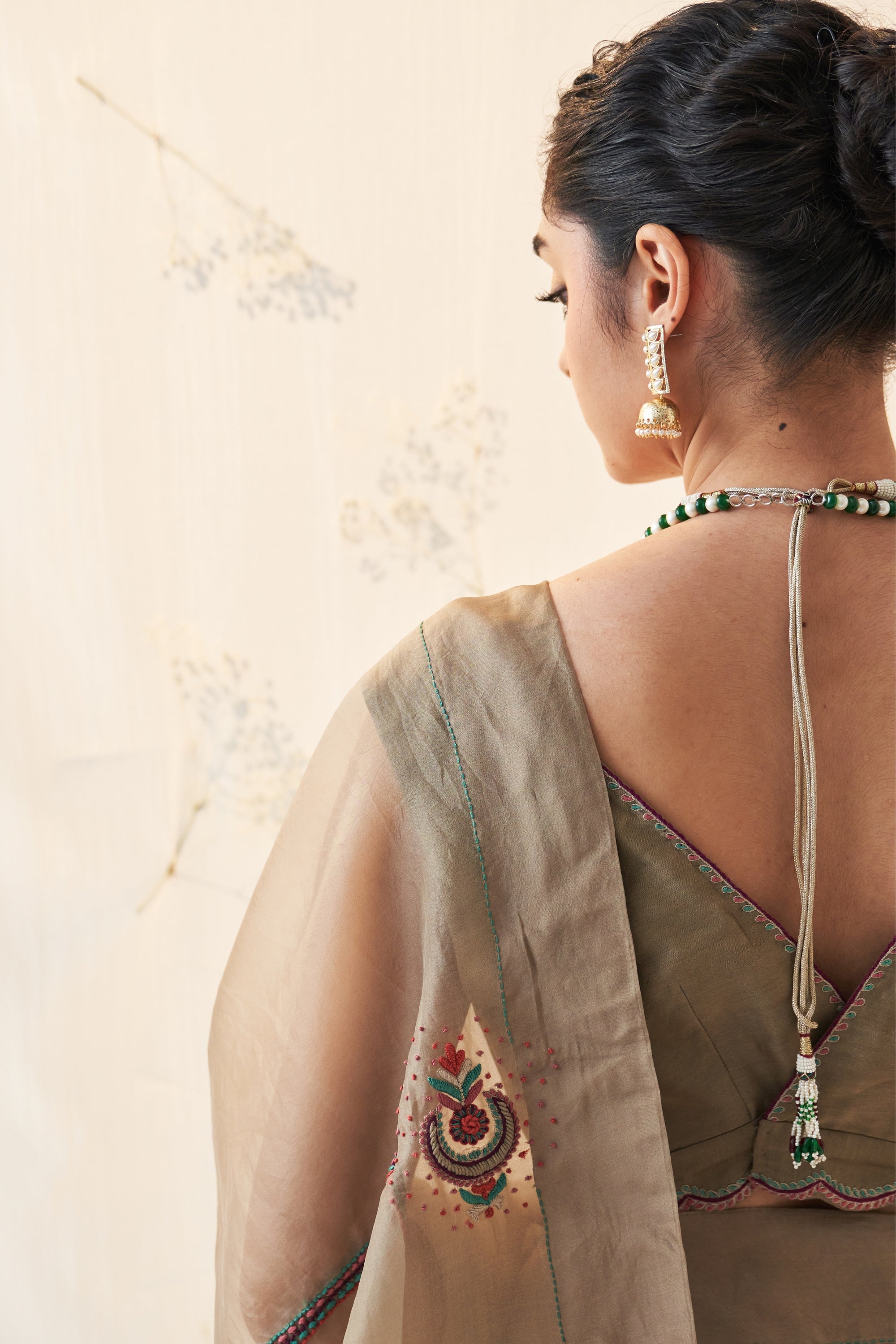 Champagne Organza Saree Comes With Chanderi Stitched Blouse & Organic Cotton Stitched Pettioat