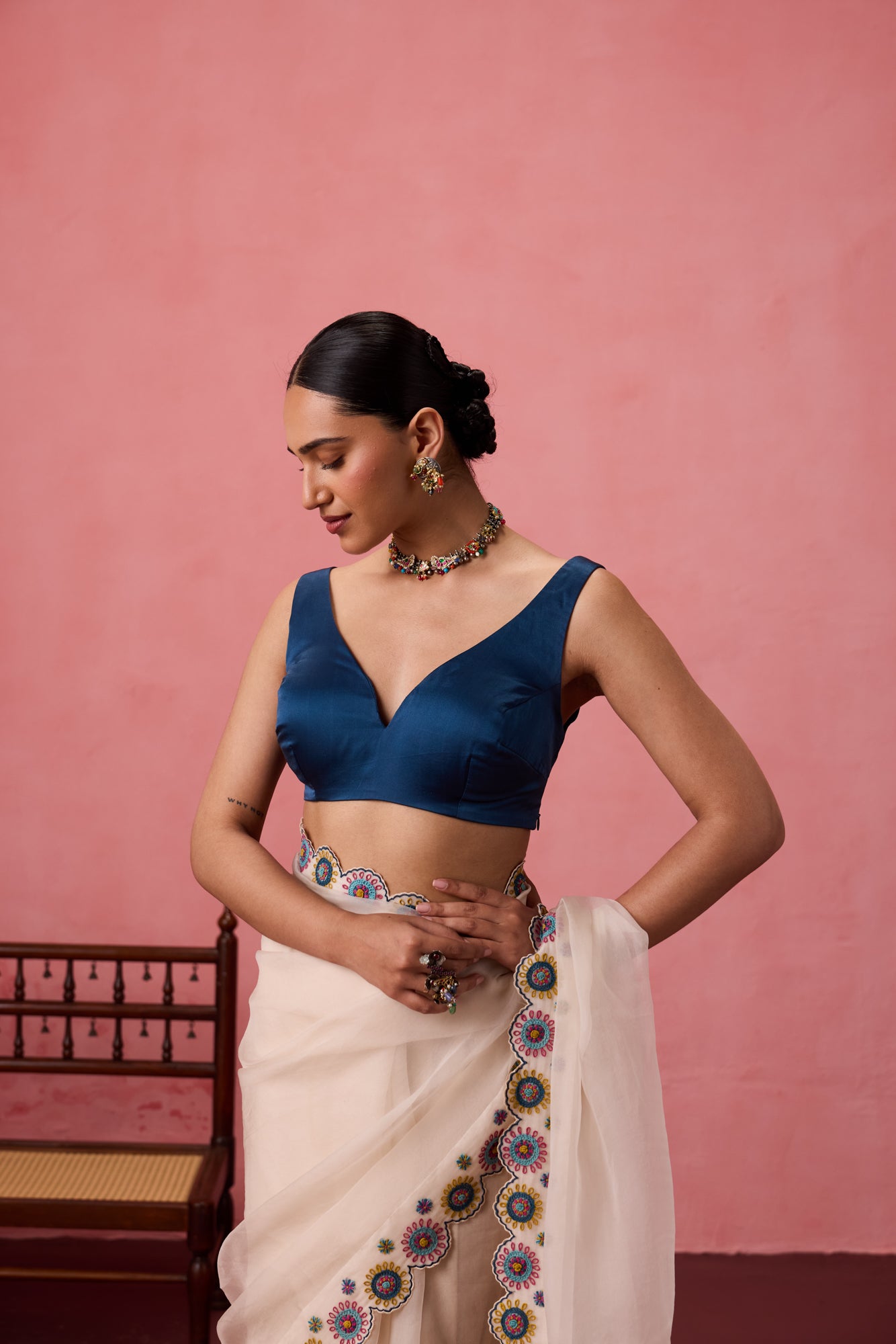Blue satin silk stitched blouse