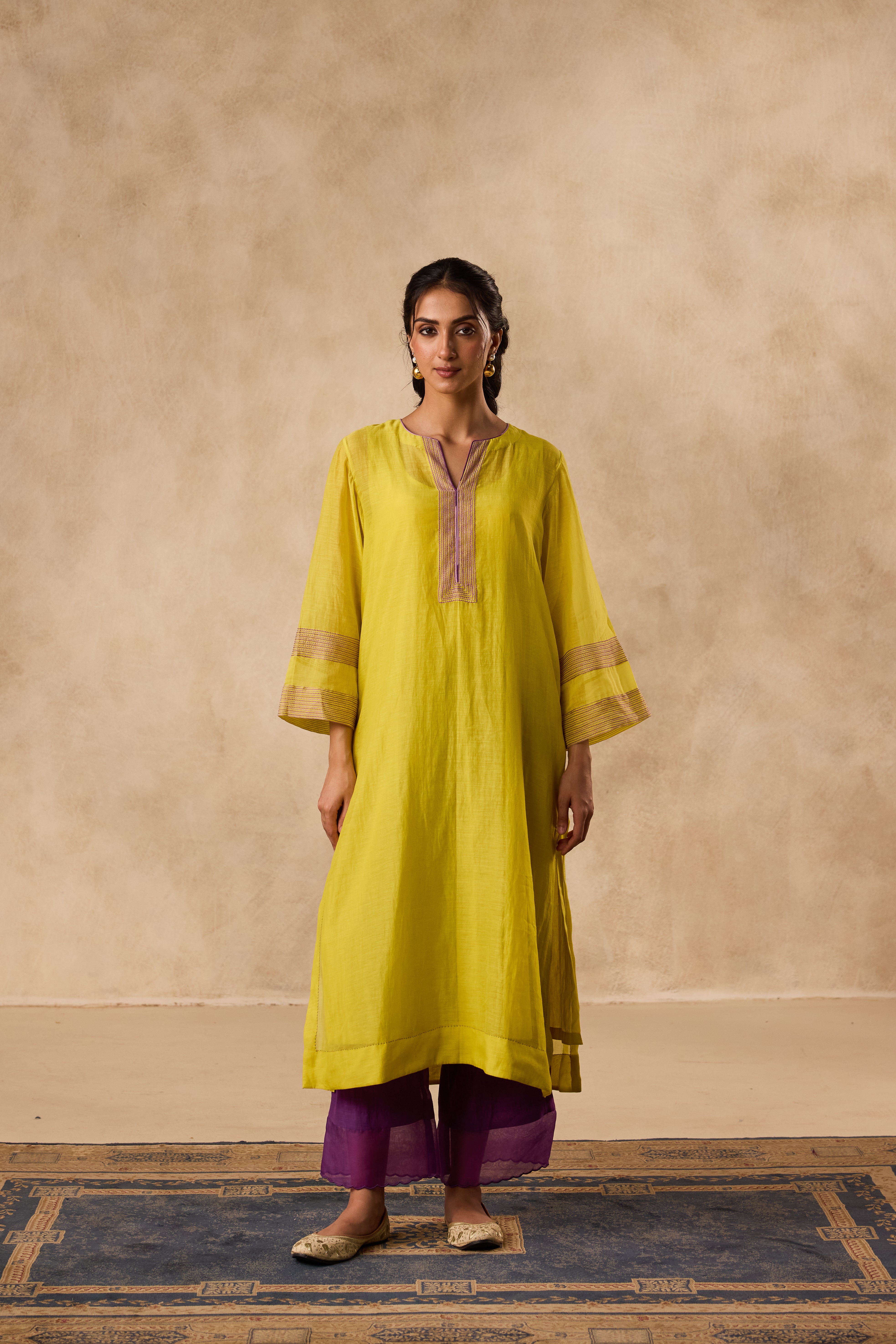 Lime yellow & Purple chanderi resham embroidered tunic paired with organic cotton slip and pant