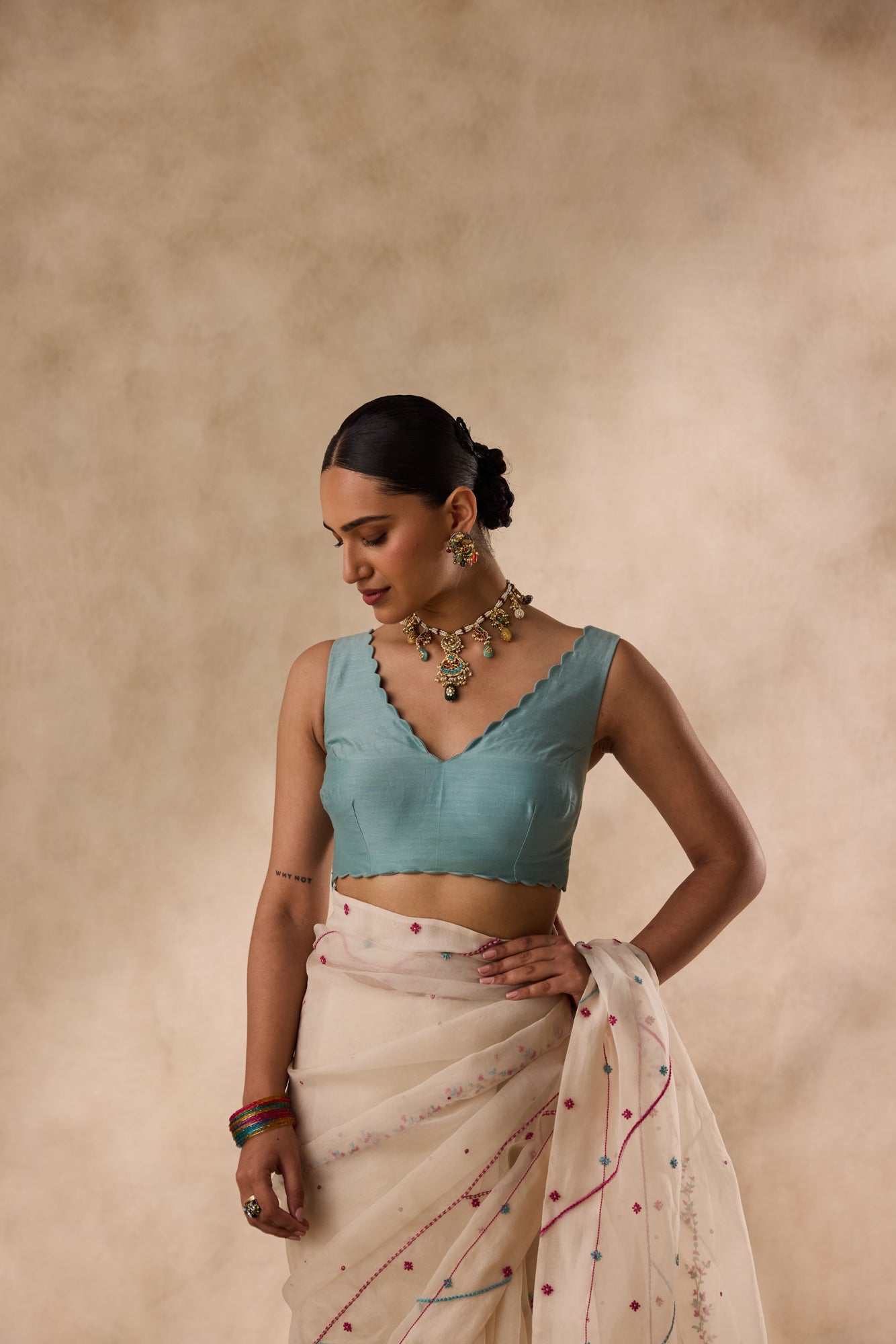 Sky blue chanderi stitched blouse