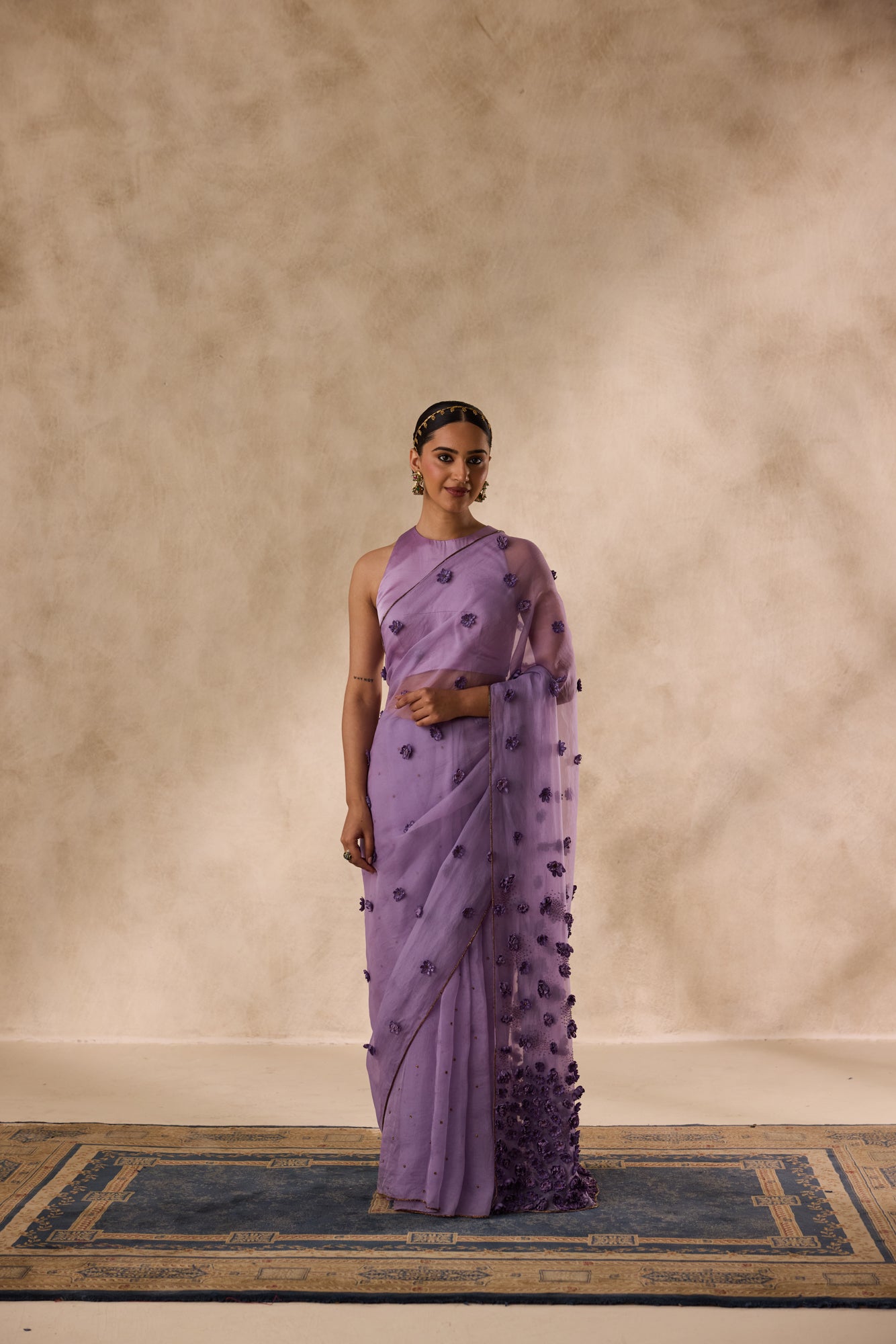 Lilac organza satin flower and beads embroidered saree comes with unstitched & unembroidered blouse fabric in chanderi