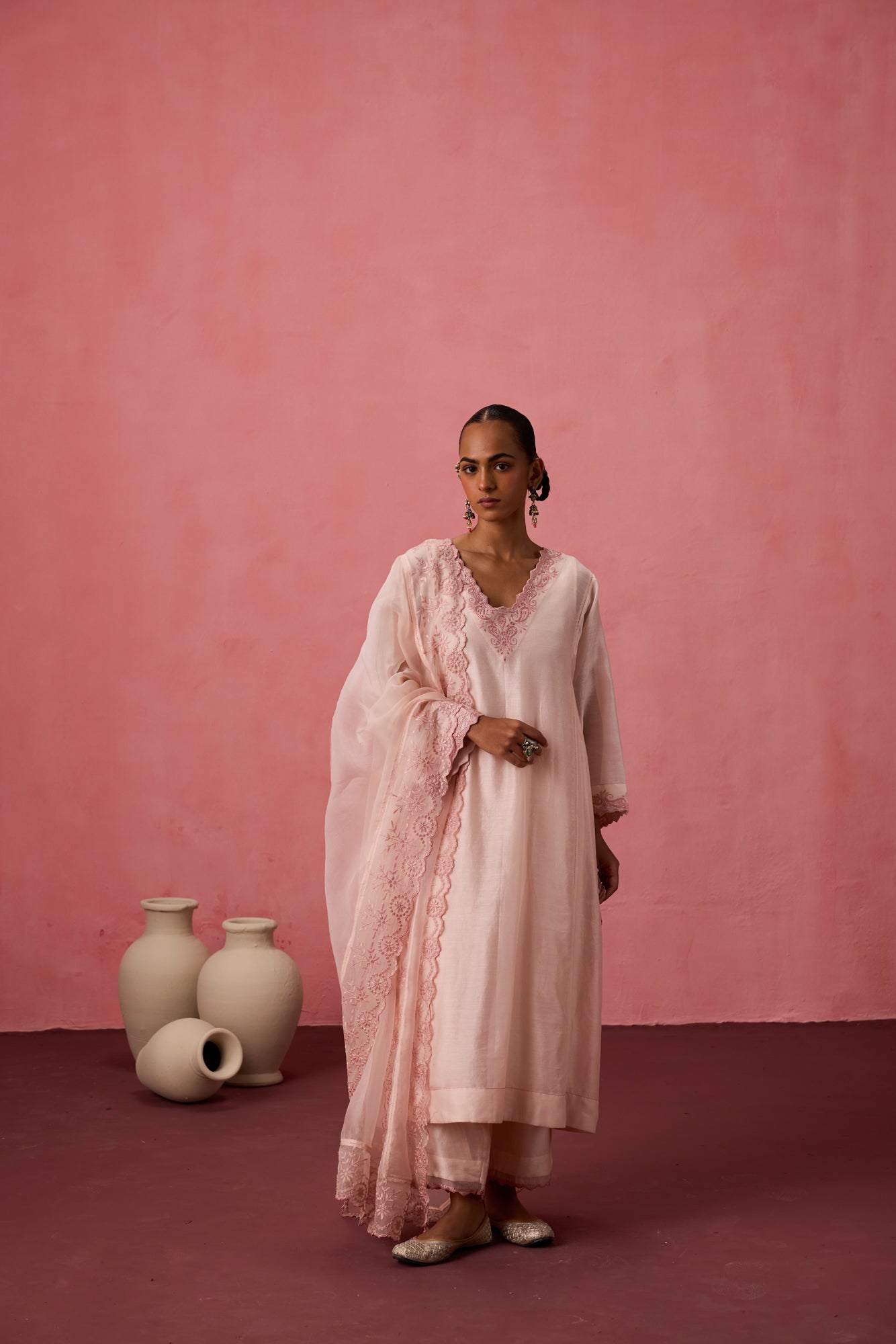 Cozy peach chanderi floral resham embroidered kurta paired with organic cotton slip, pant & organza dupatta