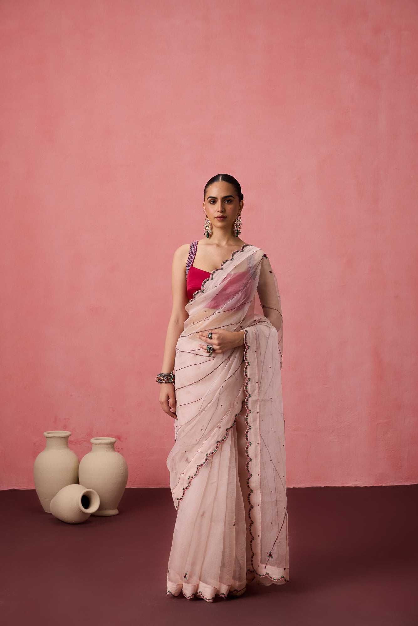 Cozy pink organza bullion & kaatha work embroidered saree comes with unstitched & unembroidered blouse fabric in chanderi