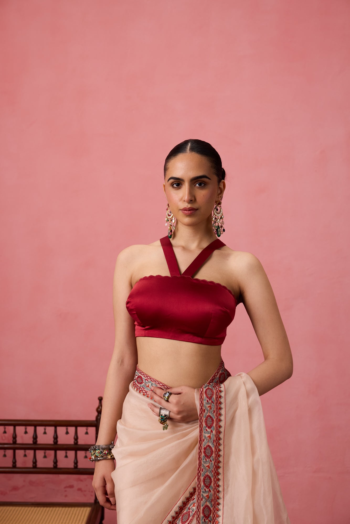 Maroon satin silk stithced blouse