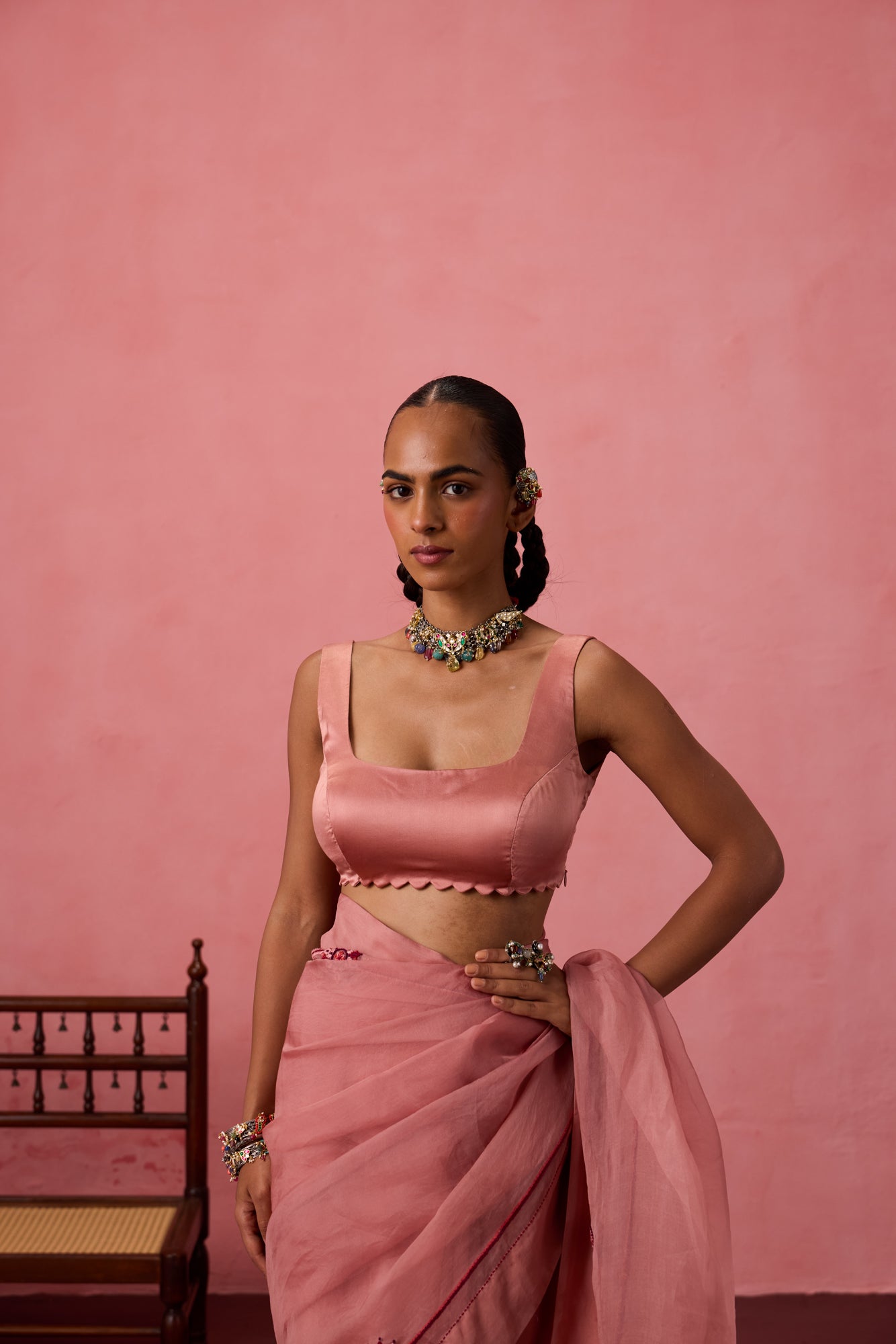 Peach satin sillk stitched blouse
