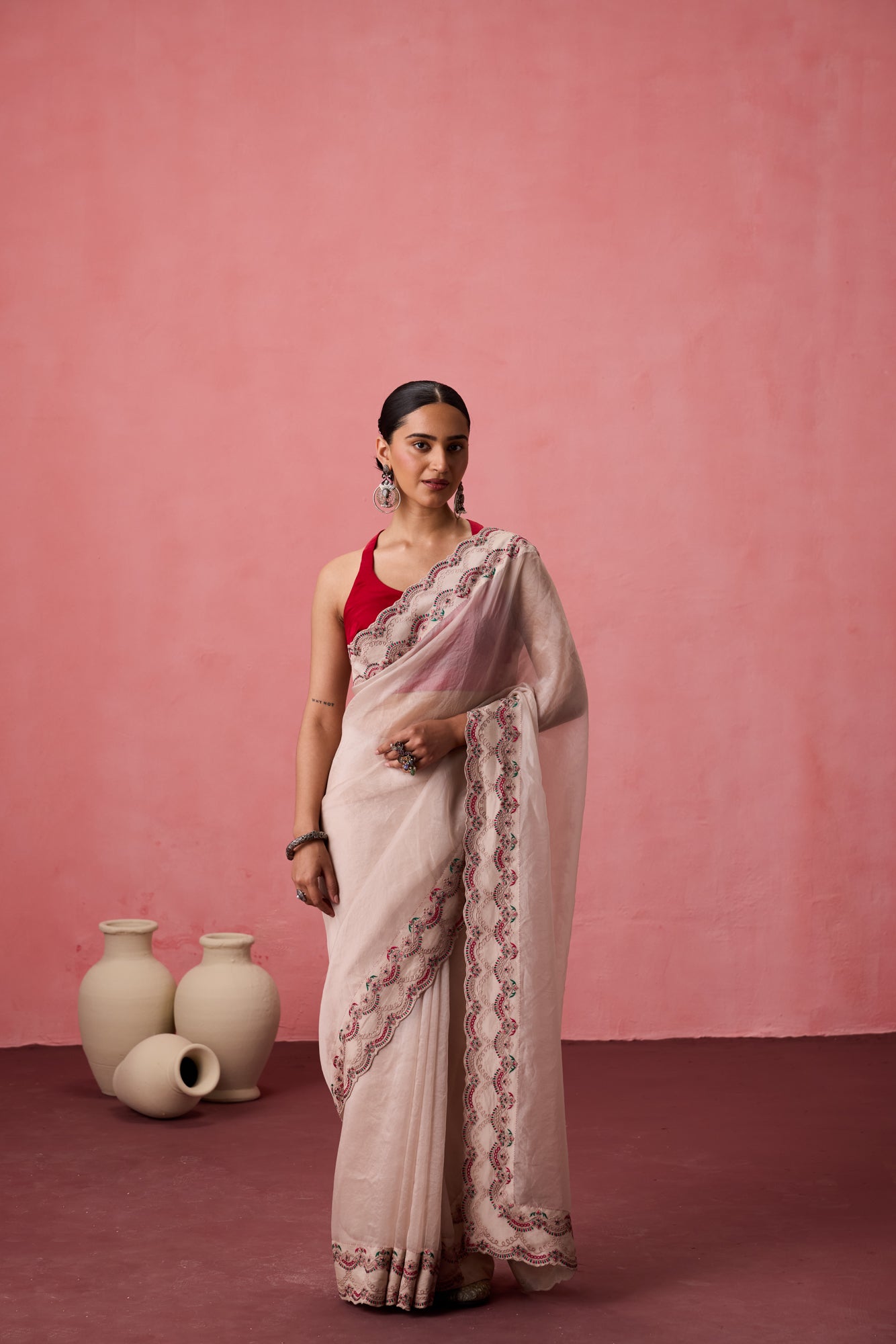 Classic white organza jaal embroidered saree comes with unstitched & unembroidered blouse fabric in chanderi