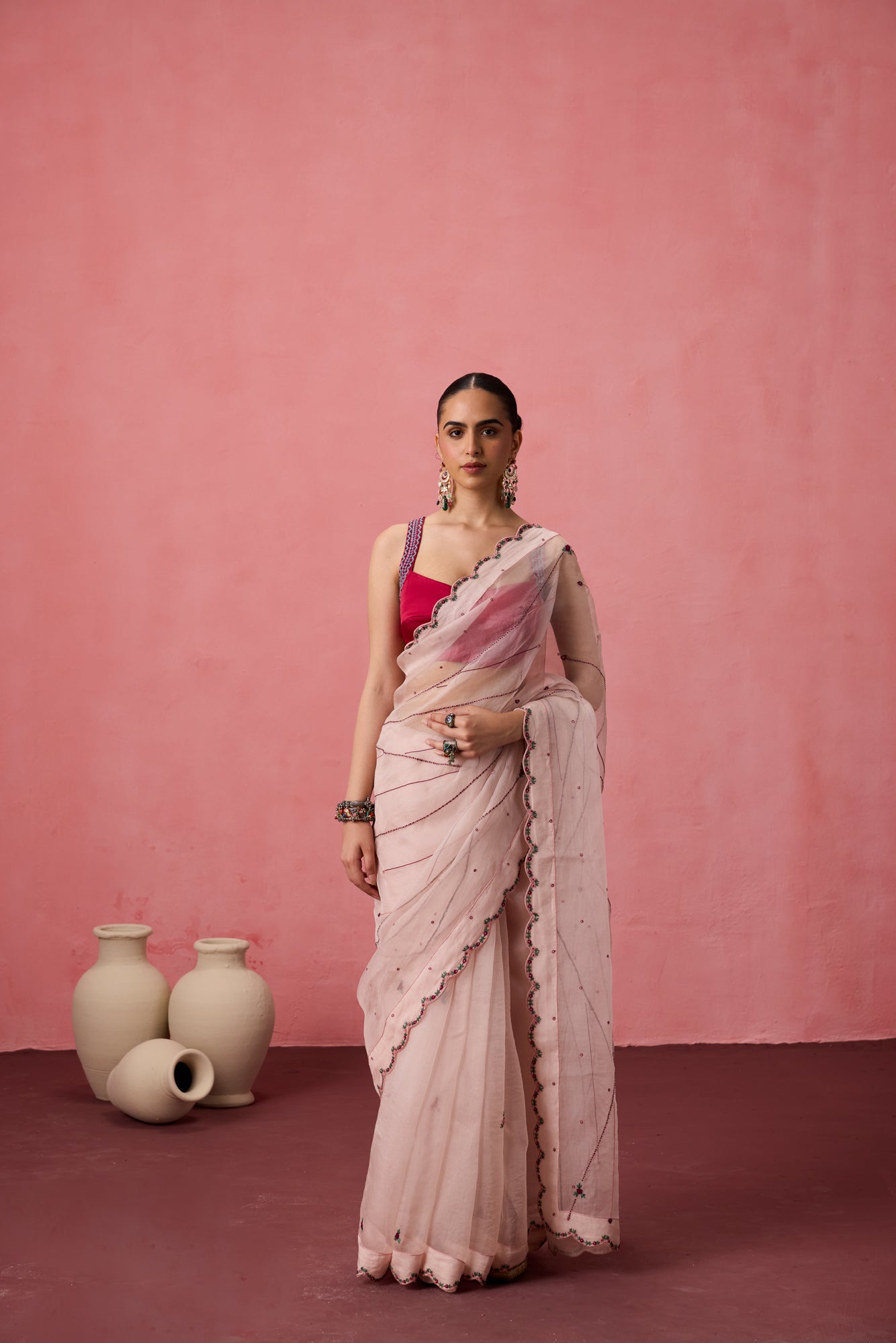 Cozy pink organza bullion & kaatha work embroidered saree comes with unstitched & unembroidered blouse fabric in chanderi