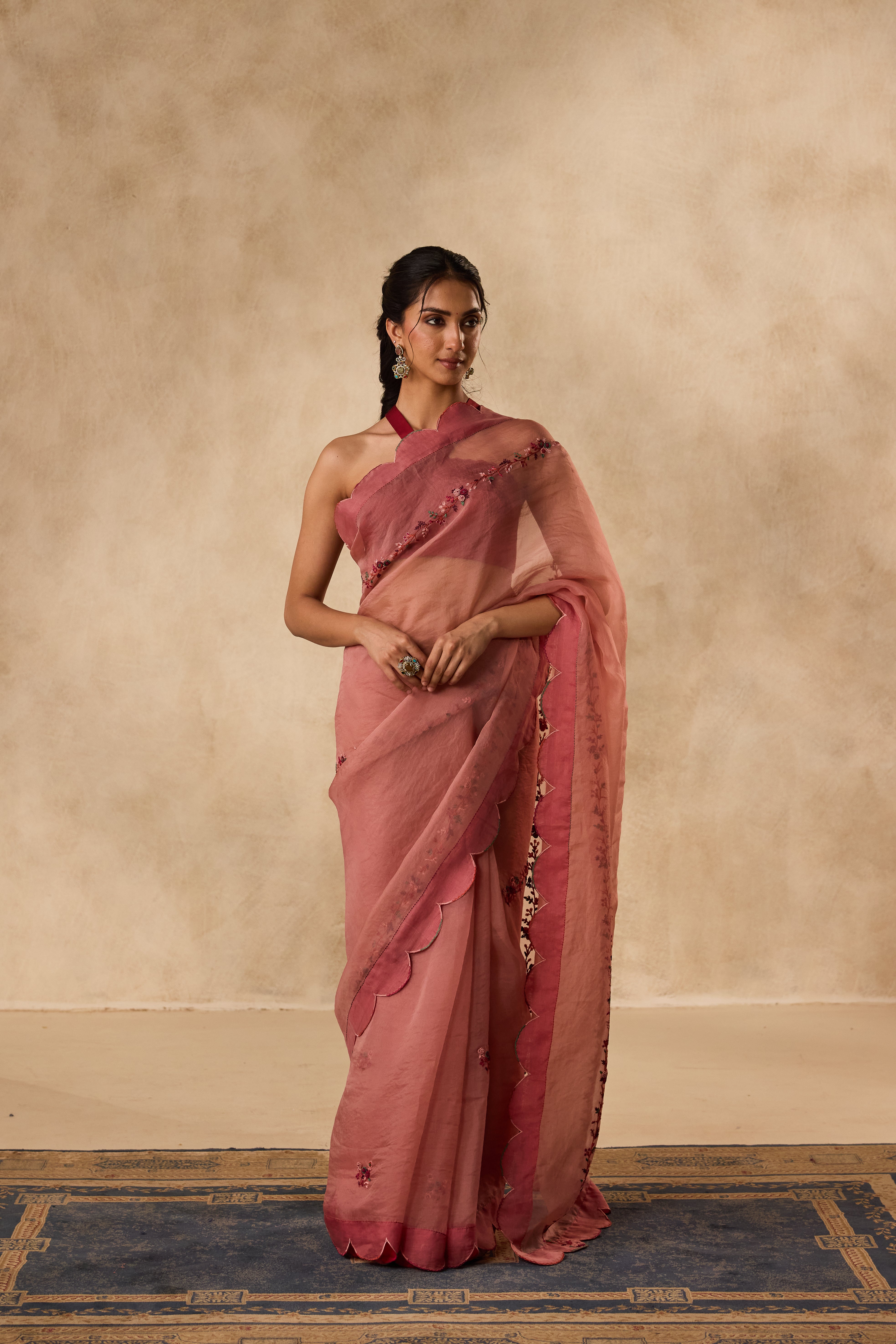 PEACH ORGANZA SPRING FLOWER, EMBROIDERED & SCALLOP SAREE paired WITH UNSTITCHED CHANDERI BLOUSE FABRIC