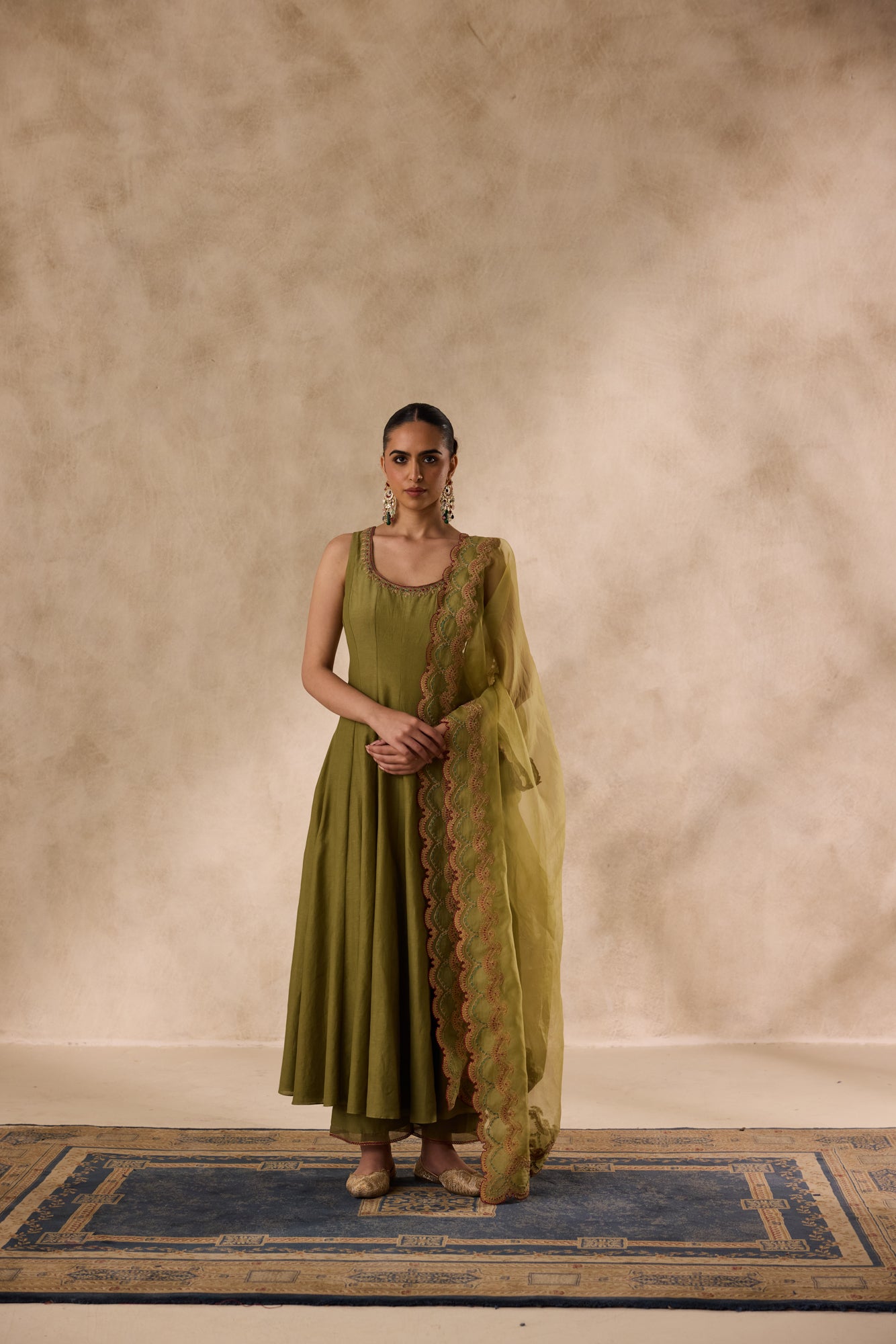 Mehendi green cotton silk dori work and resham embroiderd anarkali paired with pant & organza heavy border dupatta