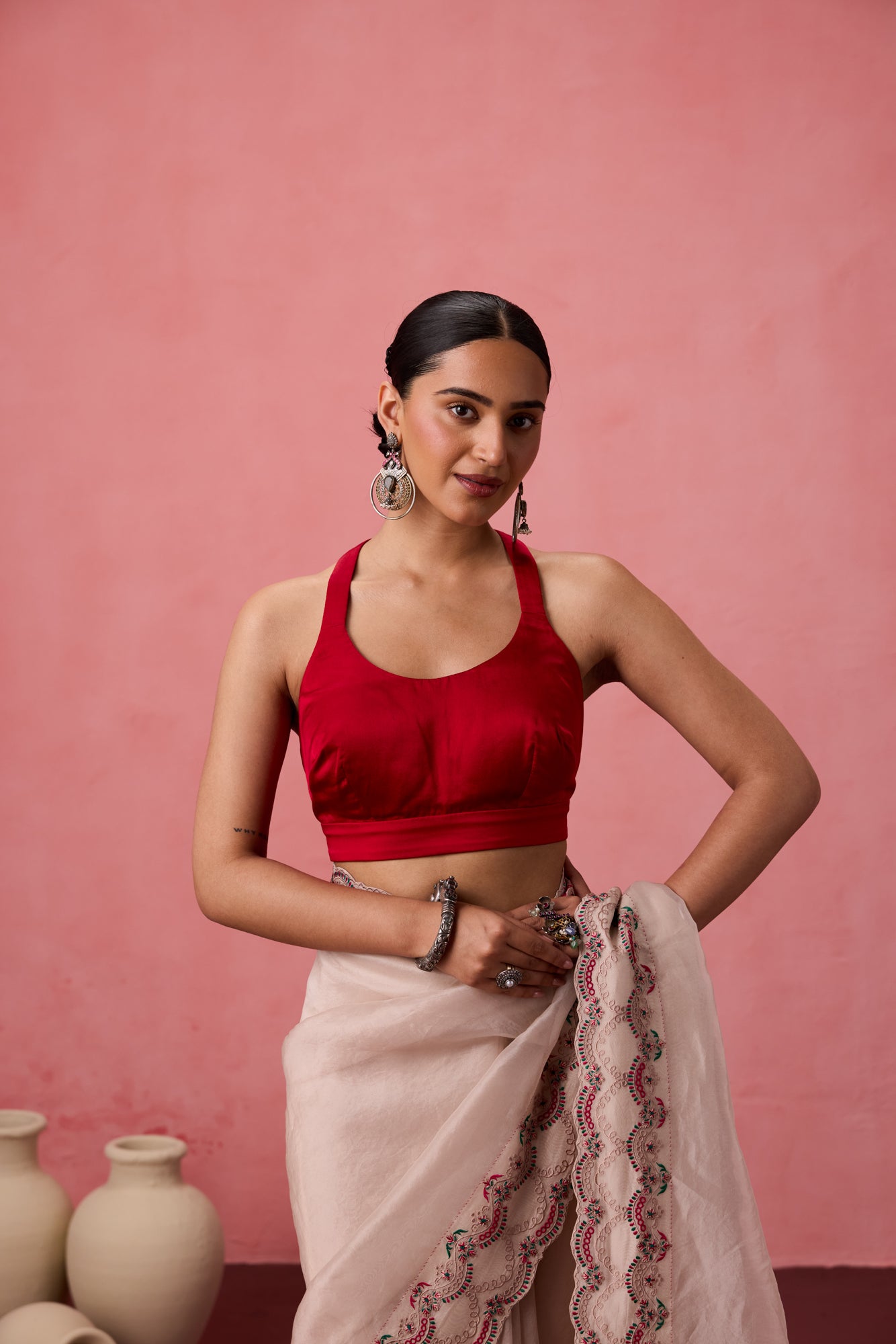 Red satin silk stitched blouse