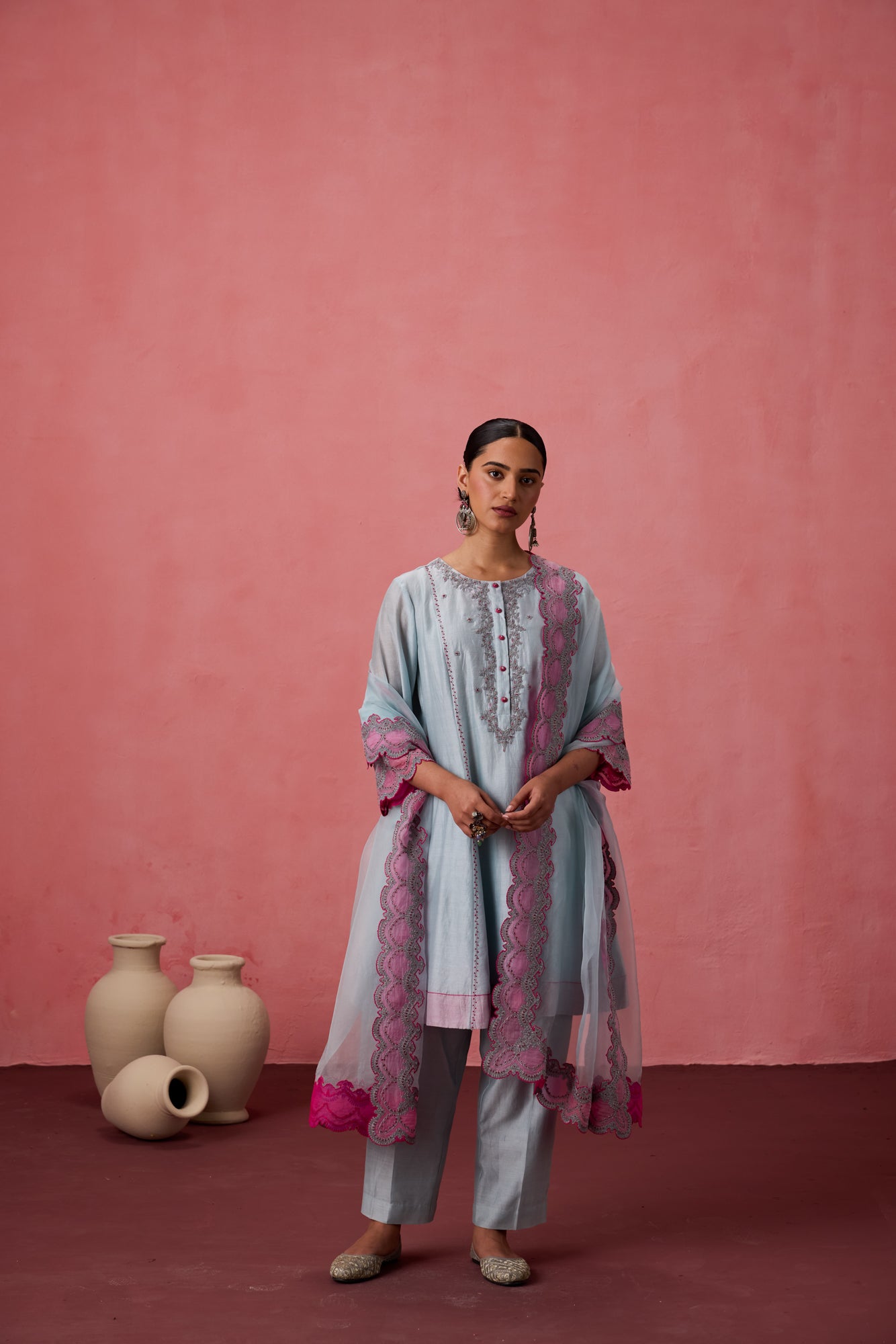 Sky blue chanderi dori work floral and french knot embroidered kurta paired with pant & organza dupatta