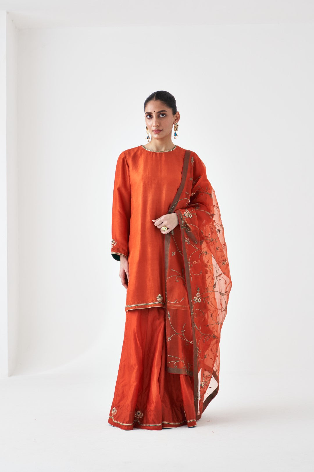 Rust Embroidered Dupion Silk Short Kurta & Silk Sharara (02 PCS.)