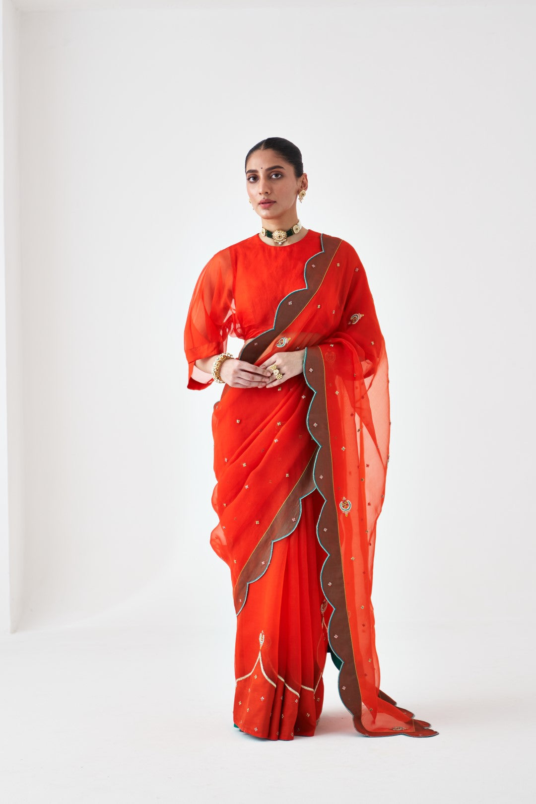 Rust Scallop Border Embroidered Saree Paired with Stitched Organic Cotton Petticoat (02 pcs.)