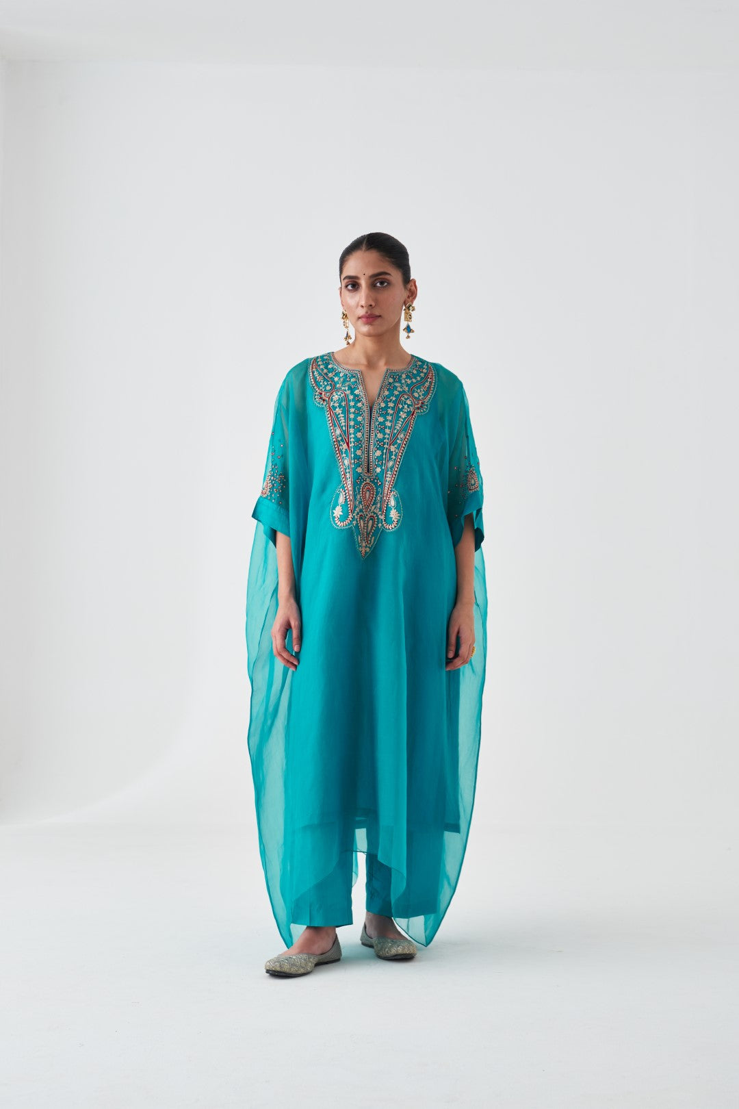Turquoise Organza Embroidered Kaftan Paired with Silk Slip & Silk Pant (03 Pcs.)
