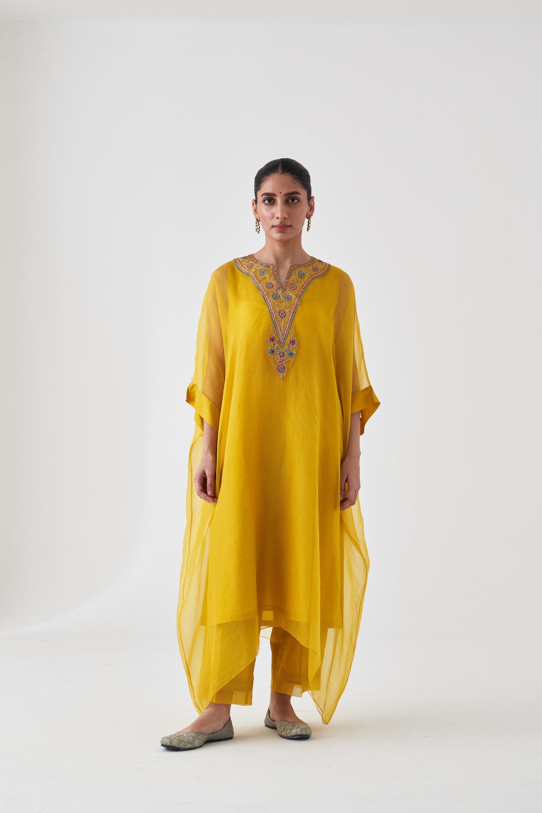 Yellow Organza Multicoloured Embroidered Kaftan Paired with Silk Slip and Pant (03 Pcs.)