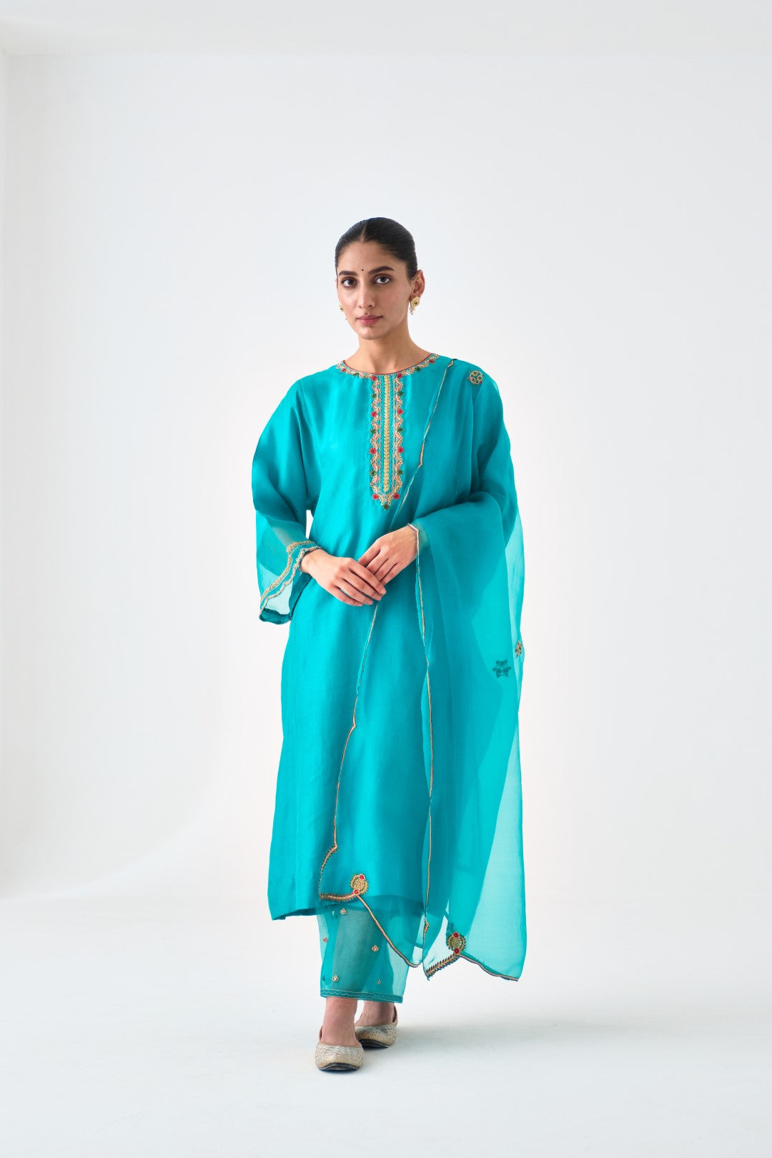 Turquoise Dupion Silk Embroidered Kurta Paired with Silk Pant & Organza Dupatta (03 Pcs.)