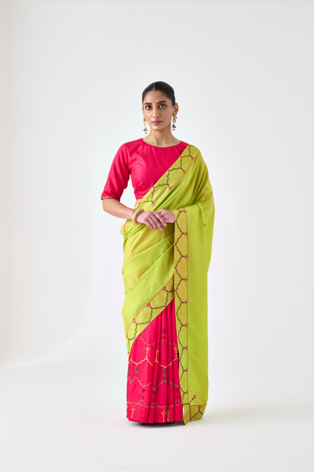 Lime Green & Fuchsia Embroidered Saree Paired with Organic Cotton Stitched Petticoat (02 Pcs.)