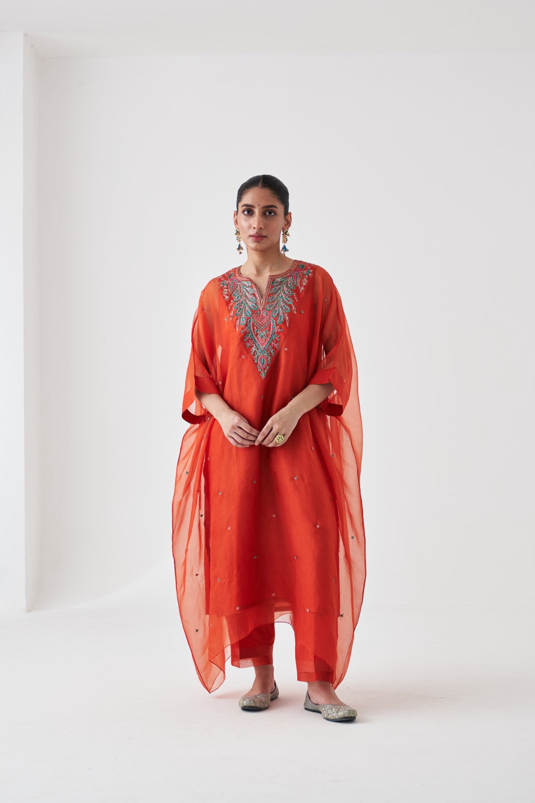Rust Organza Embroidered Kaftan Paired with Silk Slip & Silk Pant (03 Pcs.)