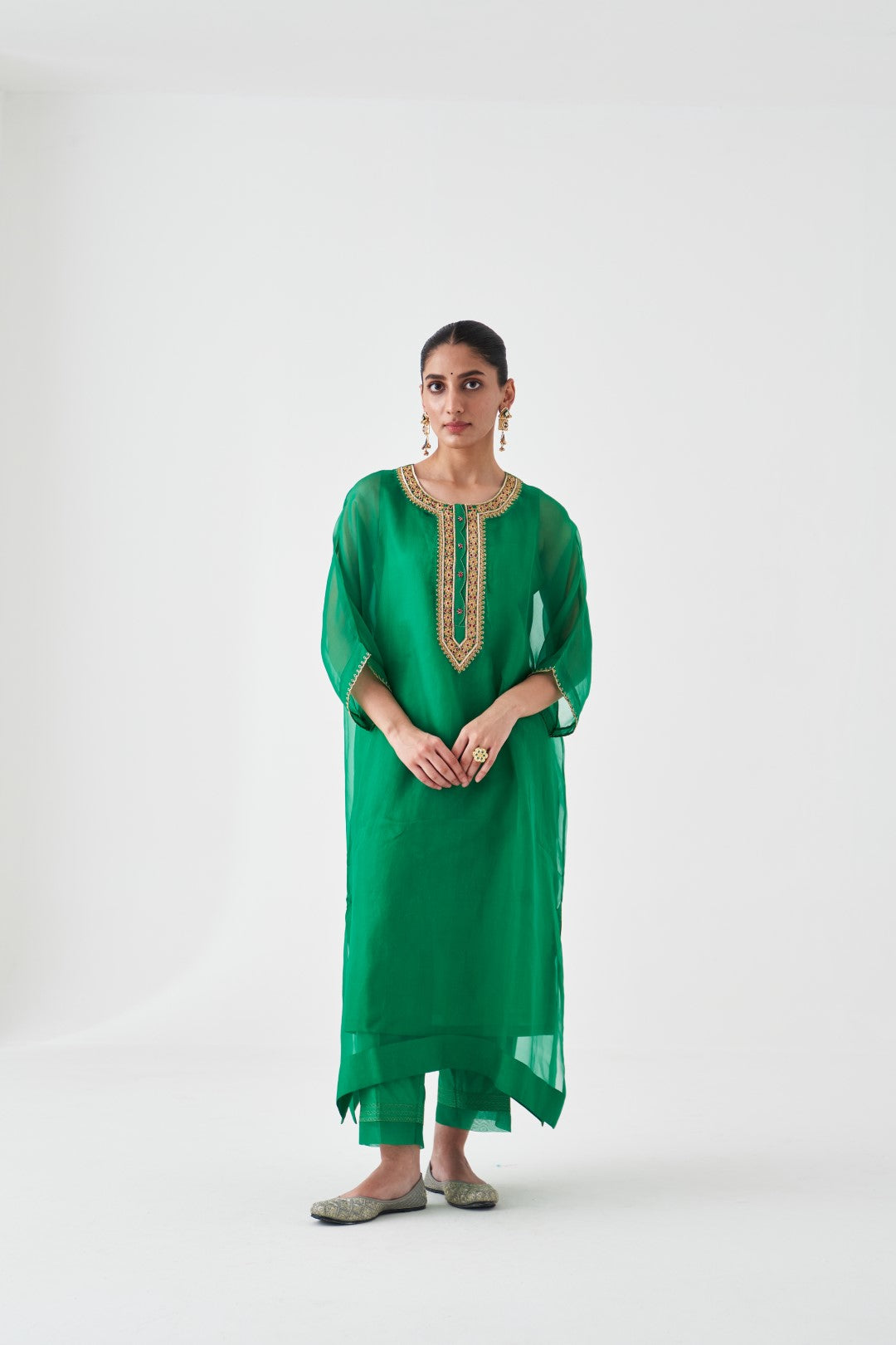 Green Organza Embroidered Kaftan, Silk Slip & Silk Pant (03 pcs.)