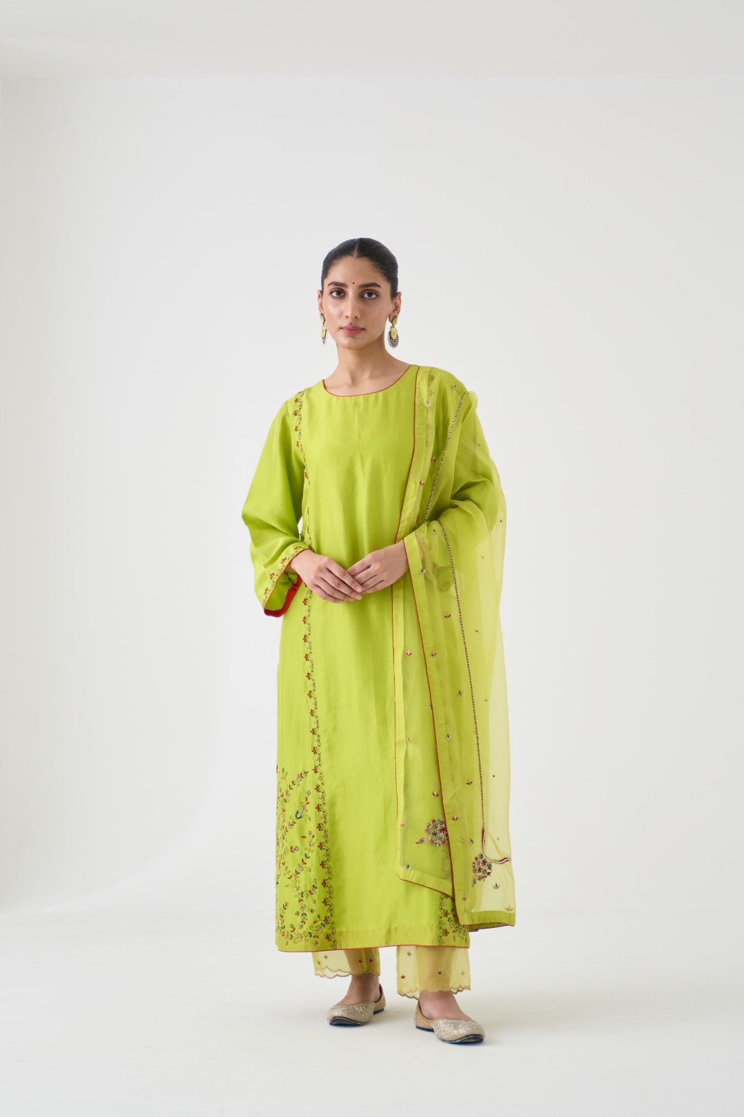 Lime Green Dupion Silk Embroidered Long Kurta Paired with Silk Pant & Organza Dupatta (03 Pcs.)