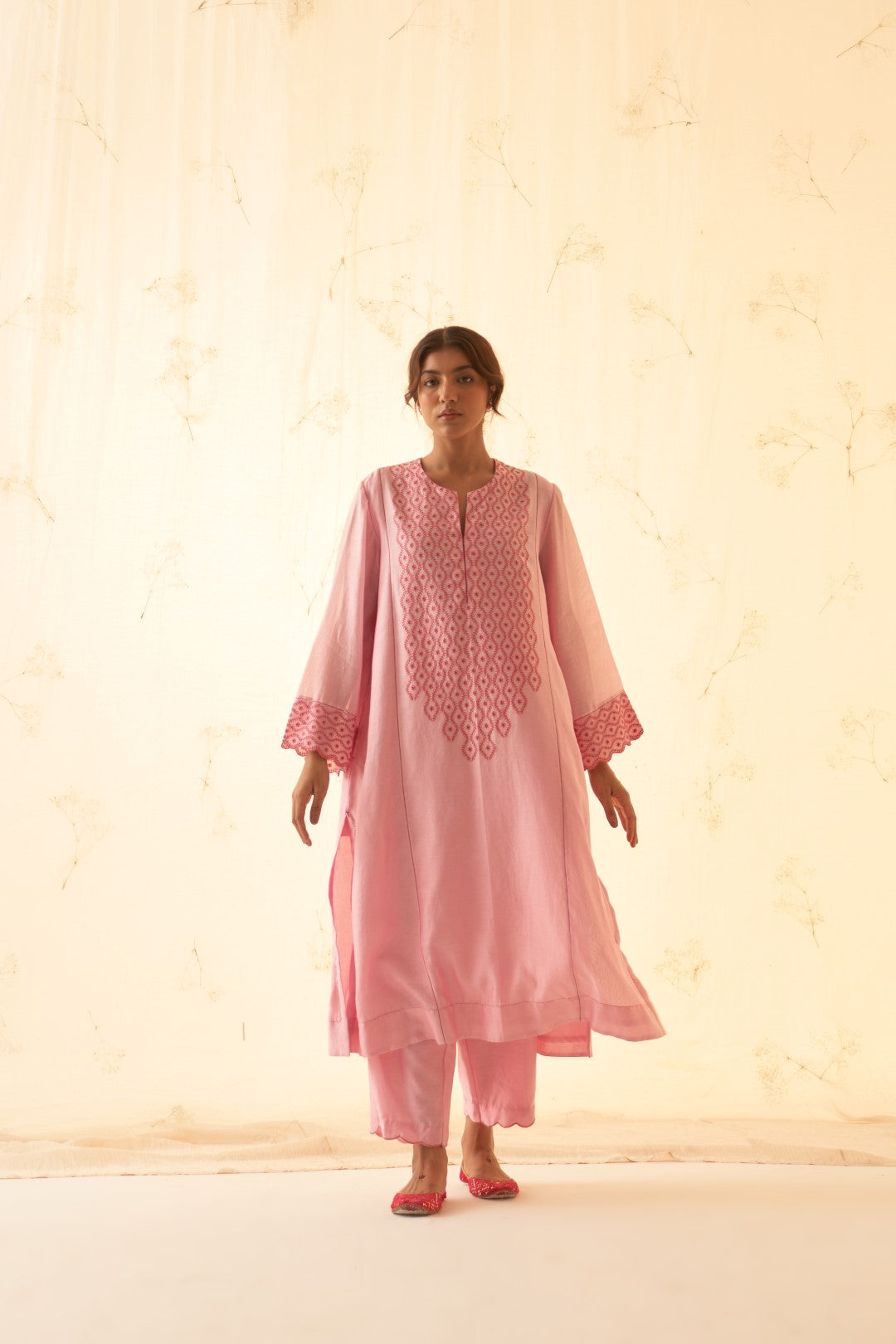 Pink With Tonal Thread Embroidered Kurta Set