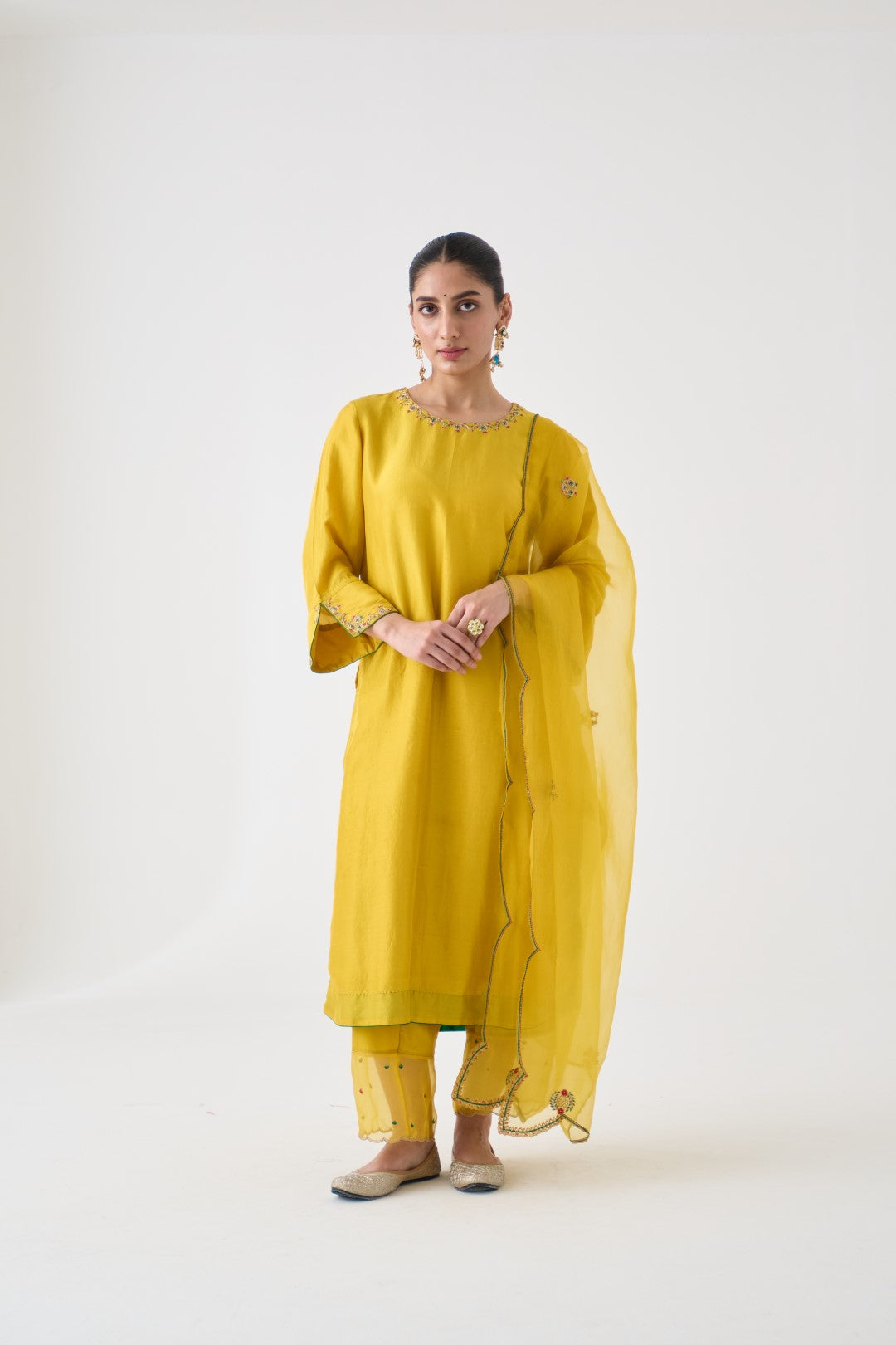 Yellow Silk Dupion Embroidered Kurta, Silk Pant & Organza Dupatta (03 Pcs.)