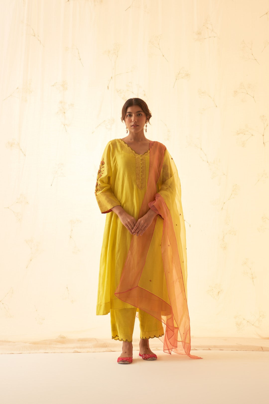 Yellow With Beautiful Embroidery On Sleeves Kurta Set