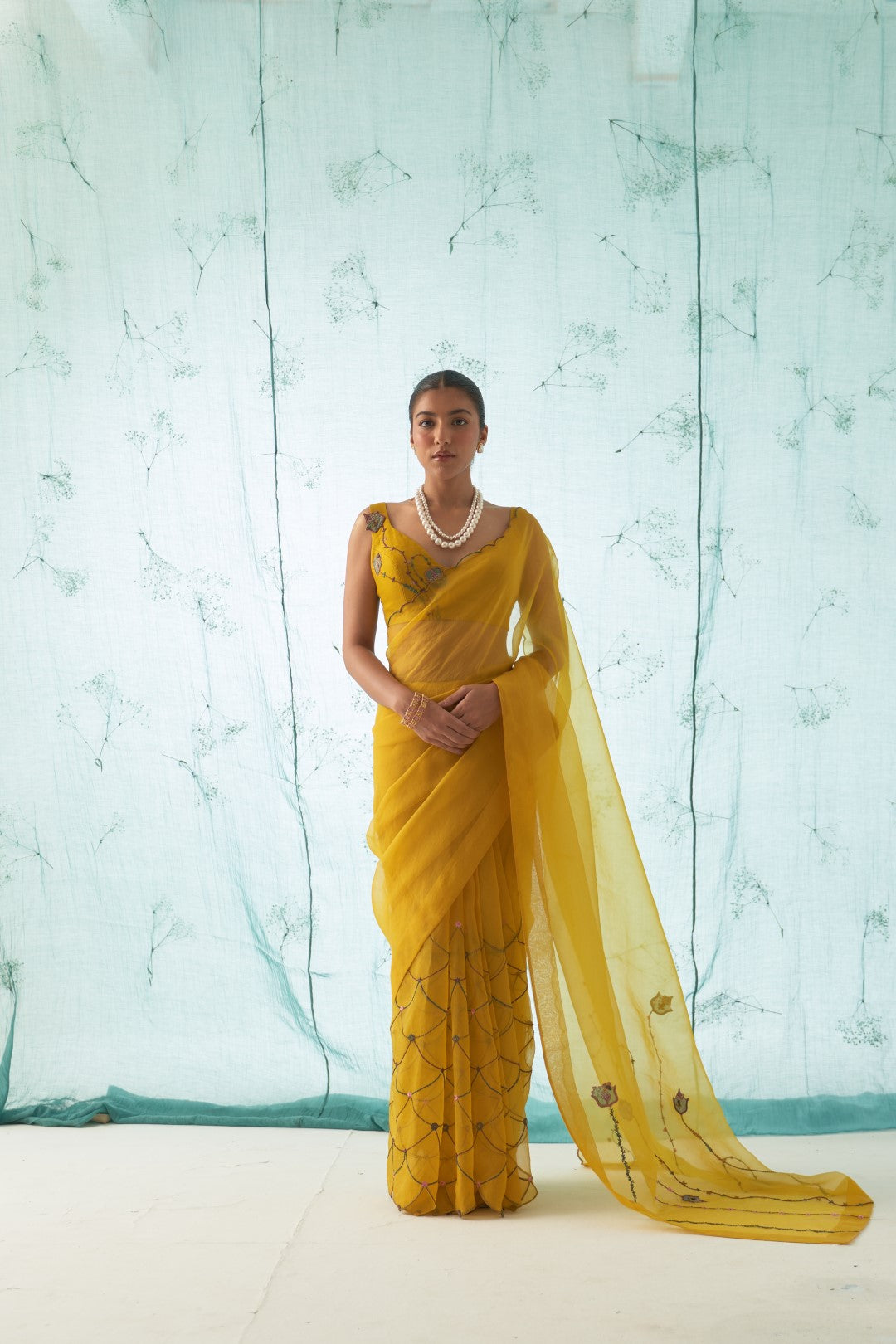 Yellow Organza Saree Set With Chanderi Stitched Blouse and Organic Cotton Stitched Petticoat ( 03 Pcs. )