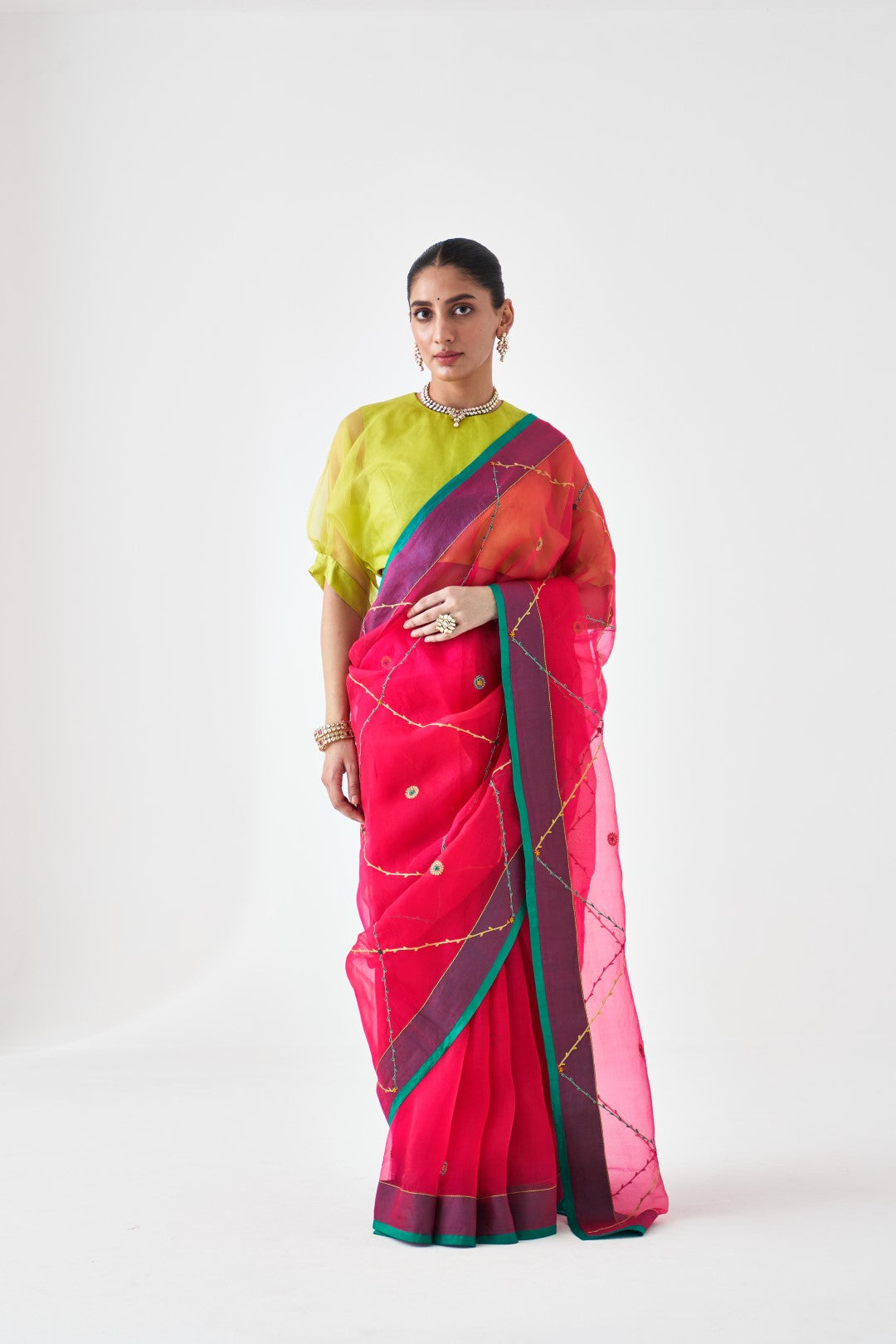 Fuchsia Organza Jaal Embroidered Saree Paired with Organic Cotton Petticoat (02 pcs.)