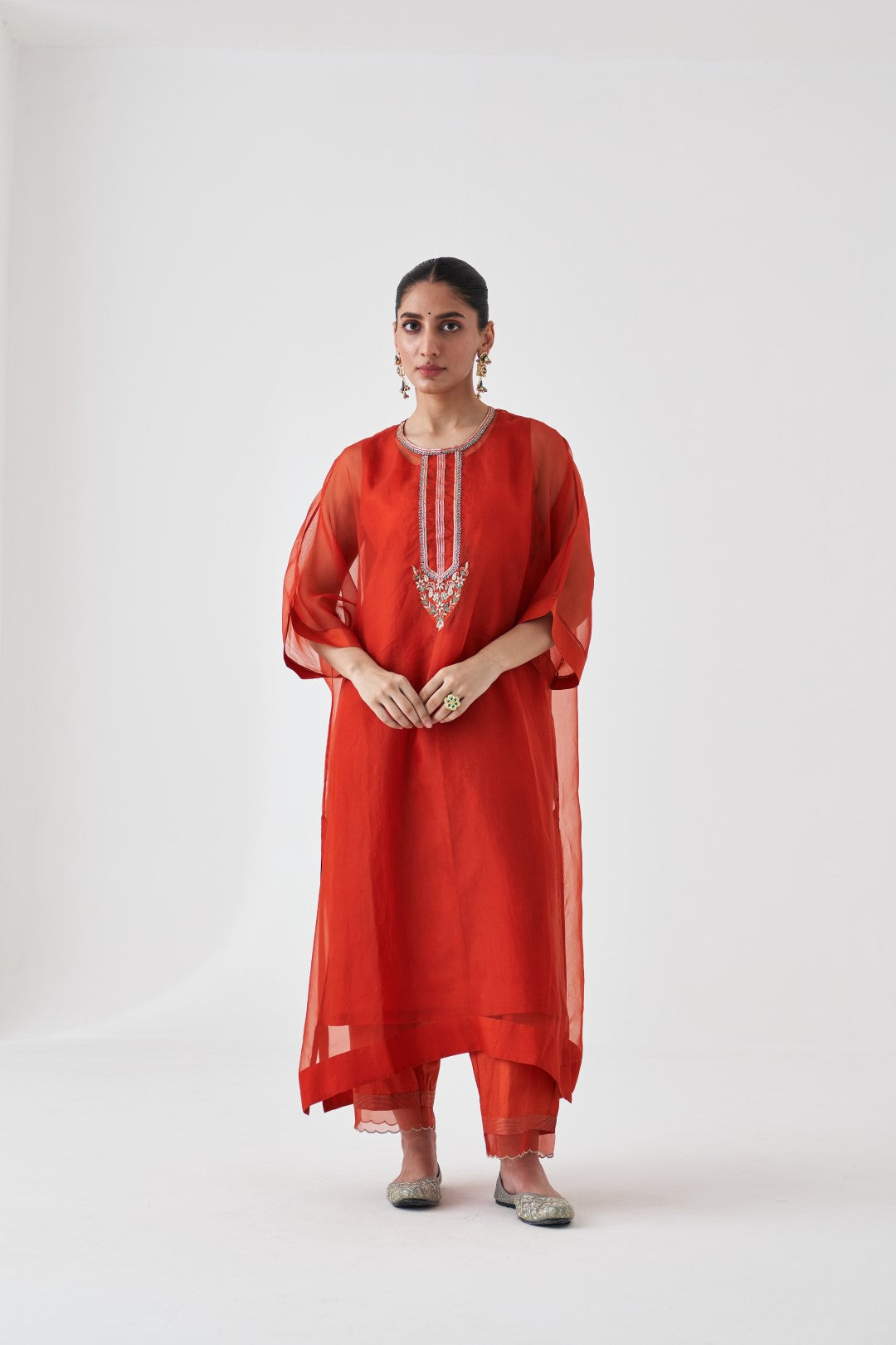 Rust Organza Embroidered Kaftan Paired with Silk Slip & Silk Pant (03 PCS.)