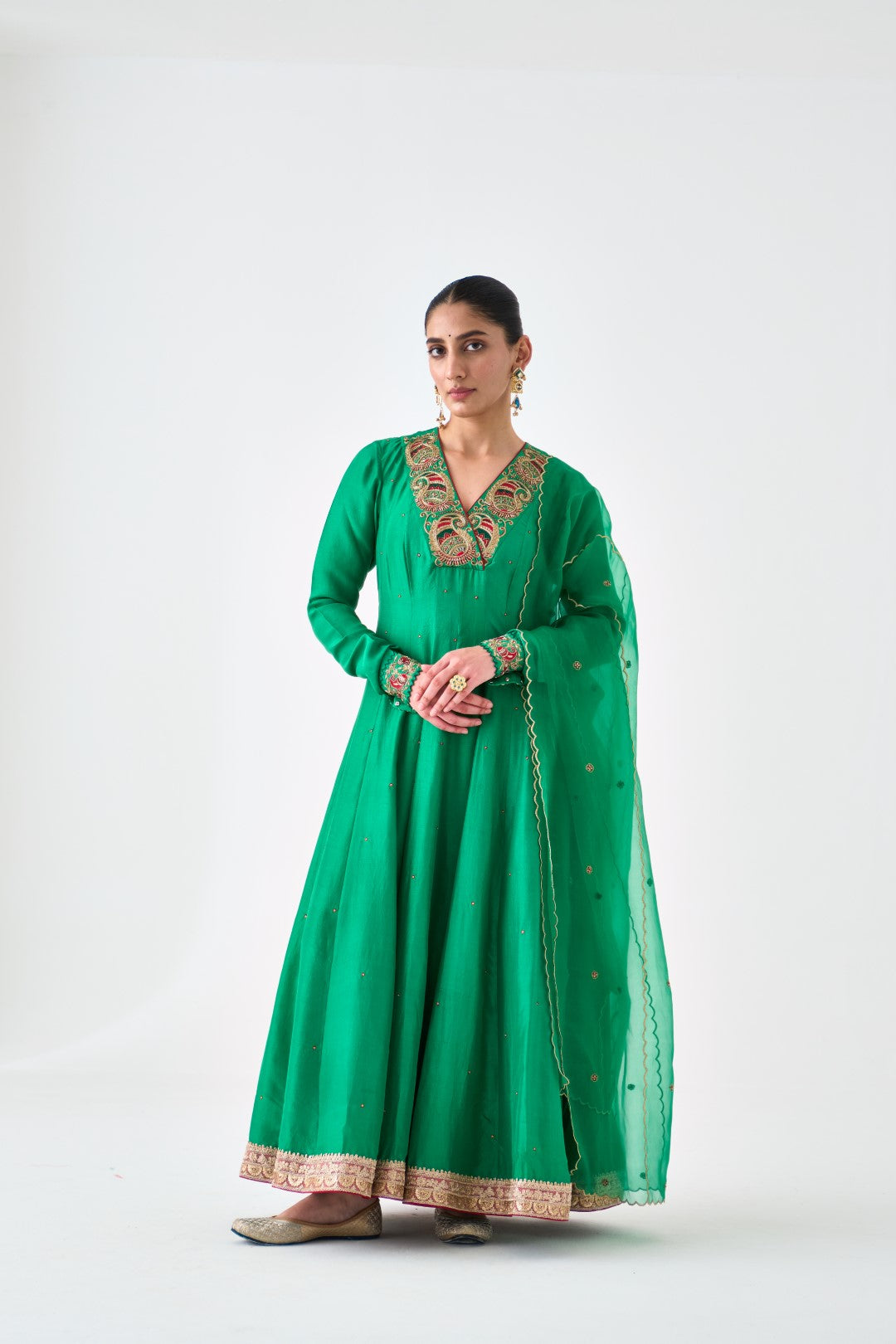 Green Silk dupion Embroidered Anarkali with Silk Pant & Organza Dupatta (03 Pcs.)