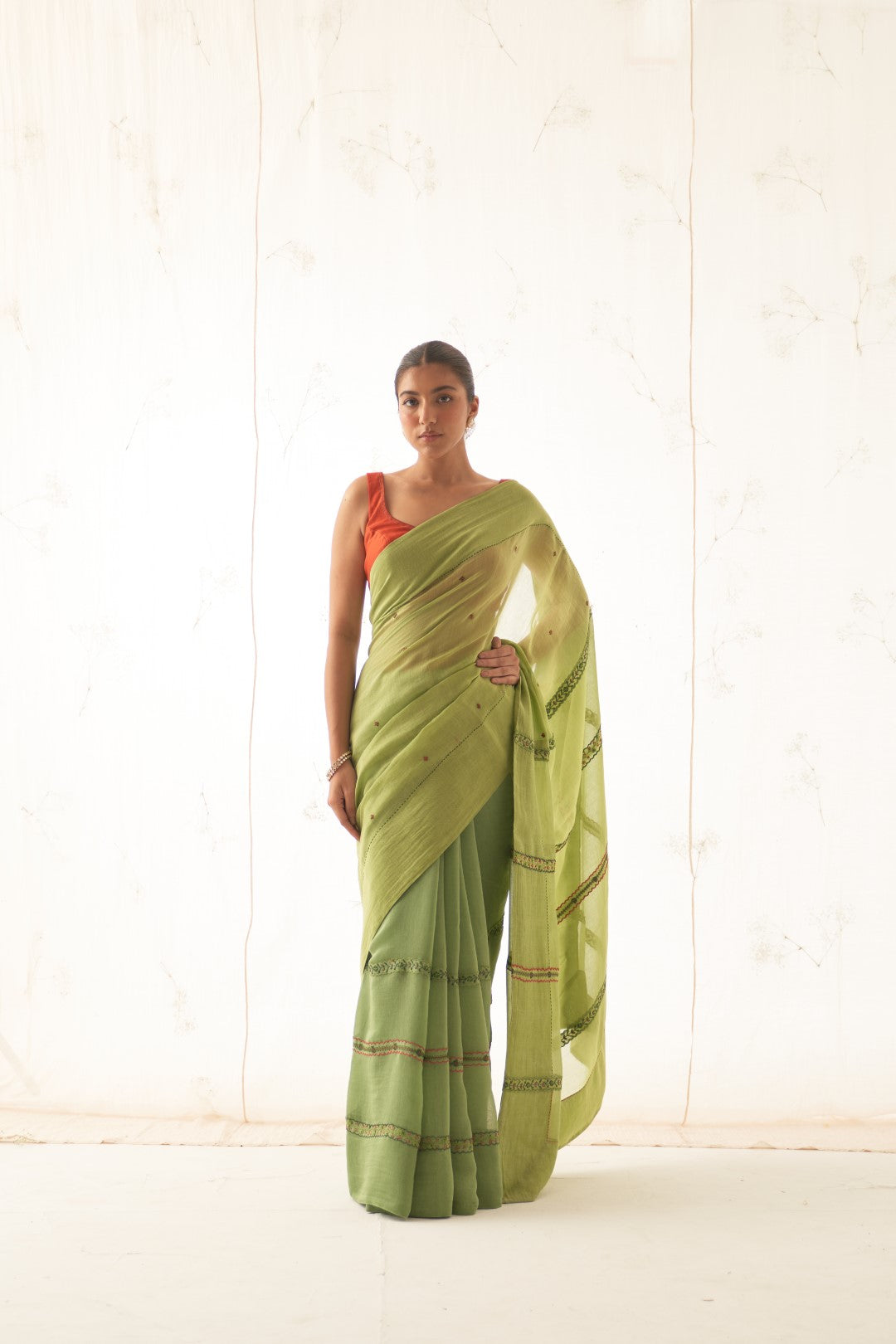 Green Chanderi  Saree With Stitched Chanderi  Blouse and Organic Cotton Stitched Petticoat ( 03 Pcs. )