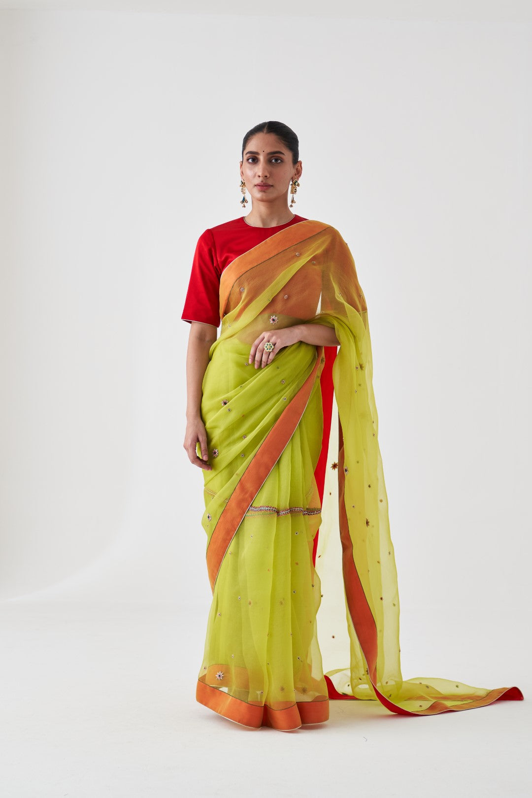 Lime Green Organza Embroidered Saree Paired with Organic Cotton Stitched Petticoat (02 Pcs.)